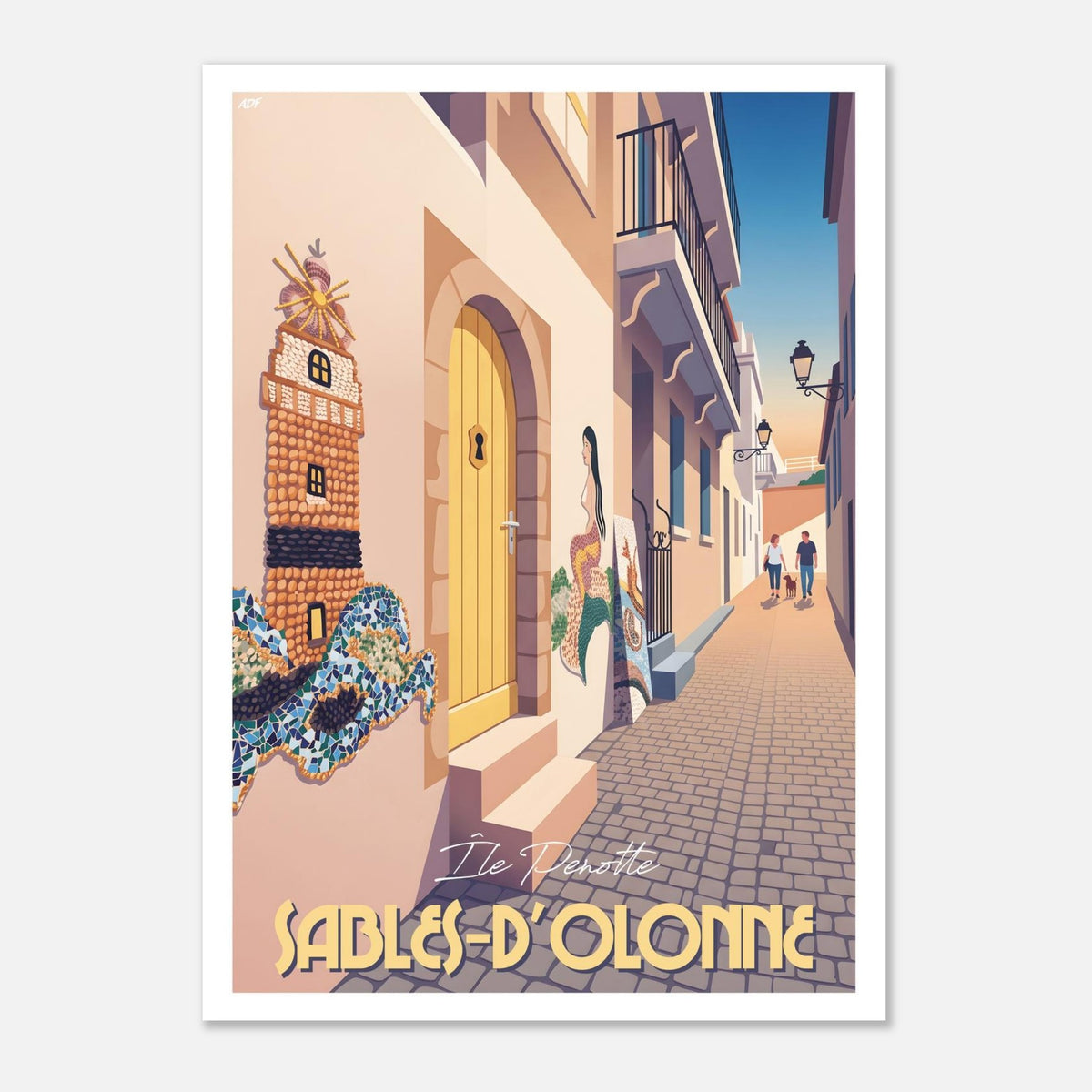 Affiche vintage des Sables-d'Olonne illustrant le quartier de l'Île Penotte, ses ruelles pavées et ses mosaïques en coquillages marins