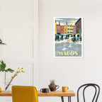 Tirage d'art illustré de Mâcon fixé au mur au-dessus d'une table à manger