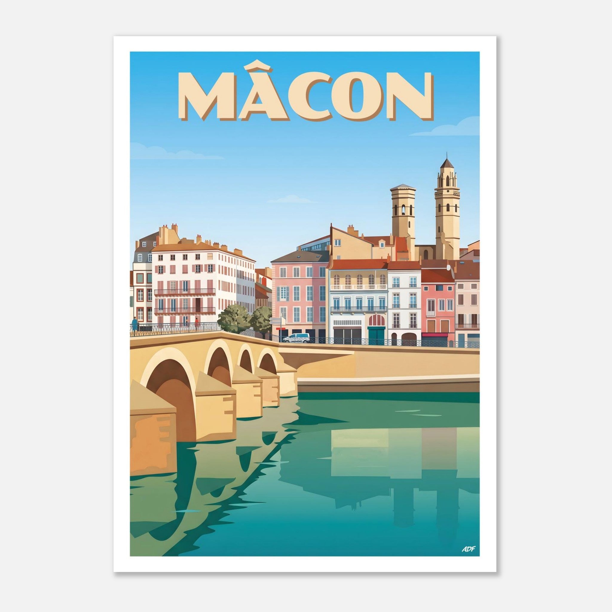 Affiche vintage de Mâcon illustrant le pont Saint-Laurent, la Saône et les tours du Vieux Saint-Vincent
