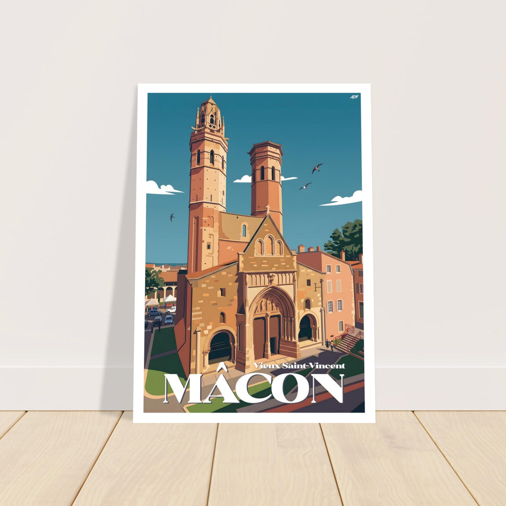 Grand poster sous cadre de Mâcon Vieux Saint-Vincent posé au sol sur parquet en bois