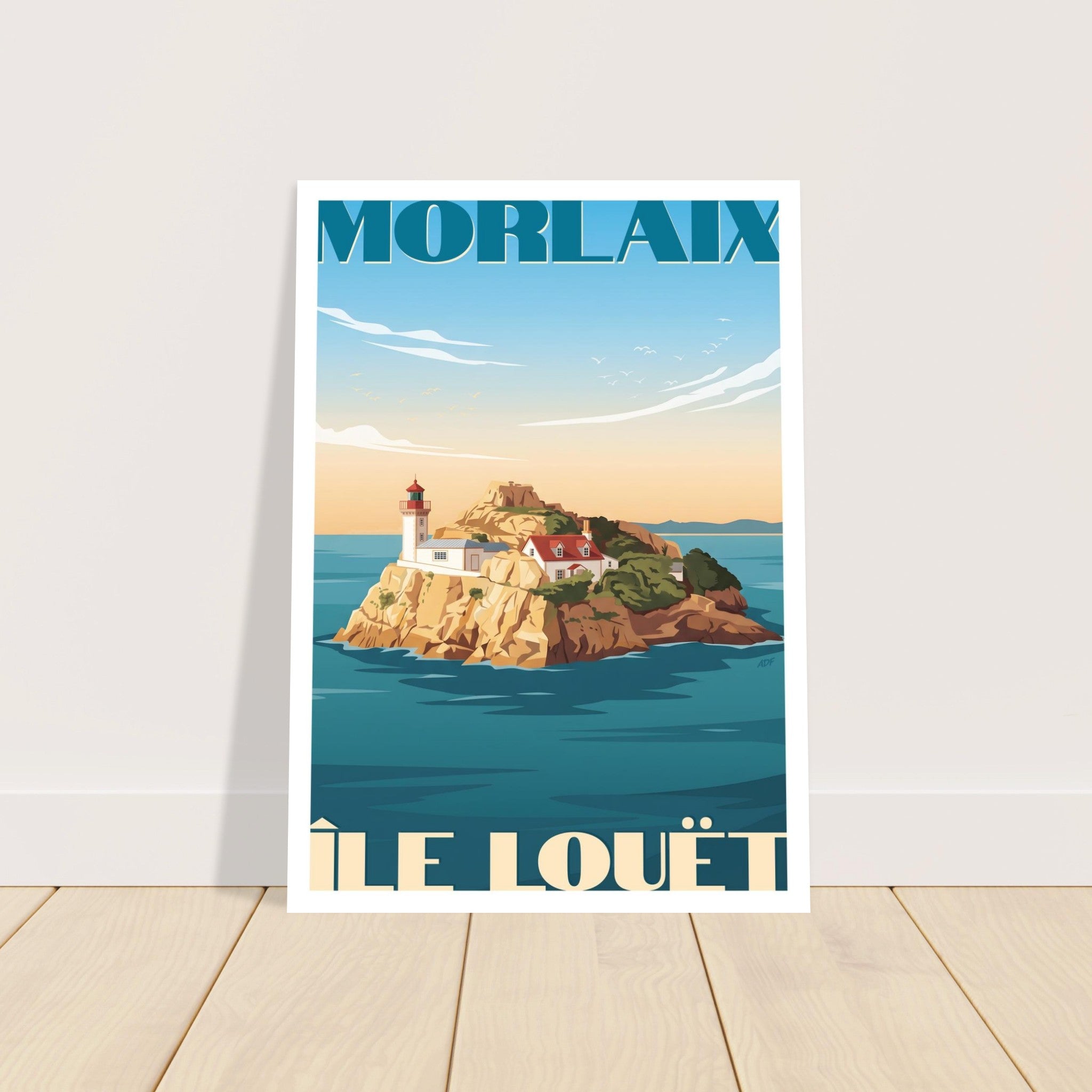 Grand poster marin sous cadre de Morlaix posé au sol sur parquet en bois