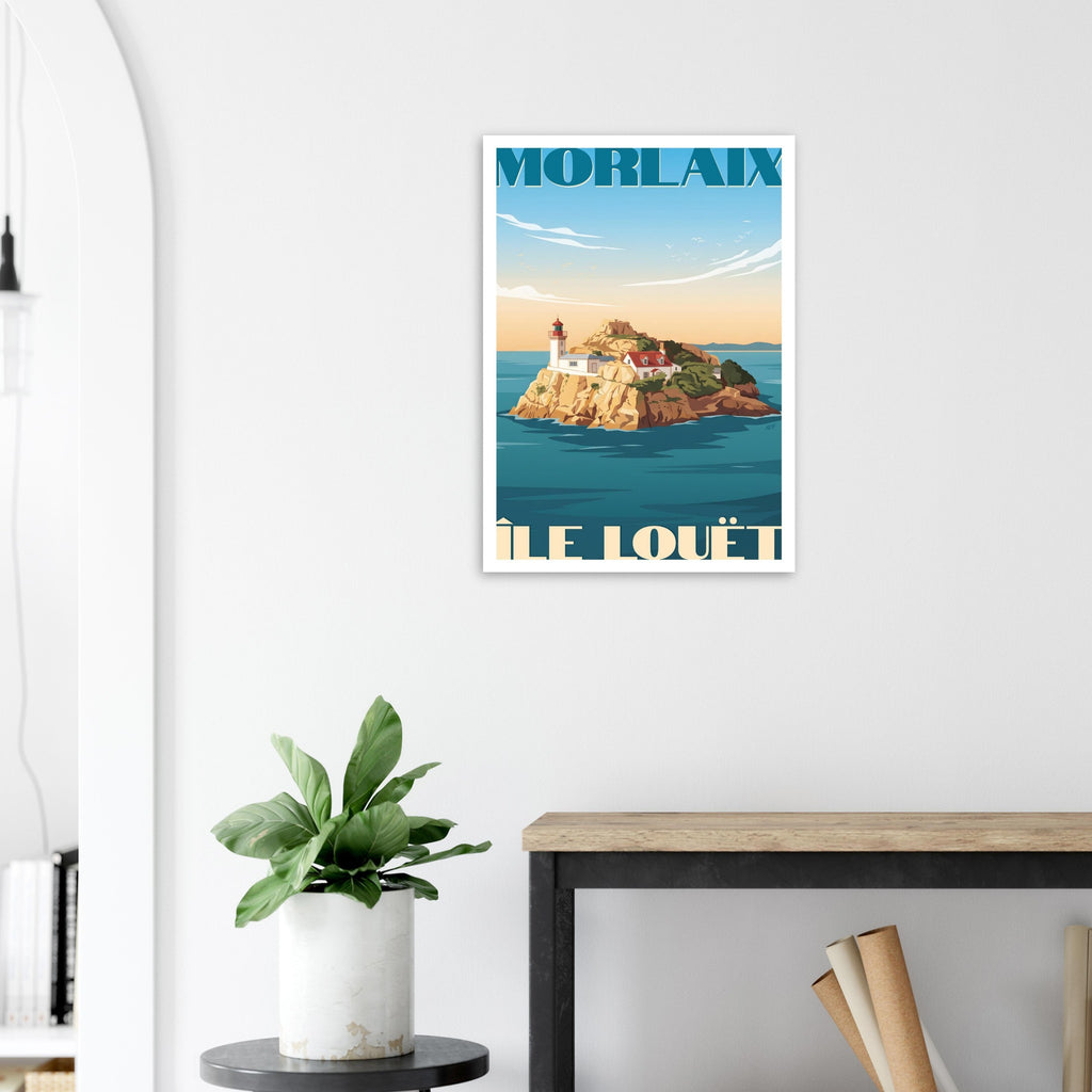 Affiche de voyage de l'île Louët à Morlaix sous cadre posée sur une console moderne