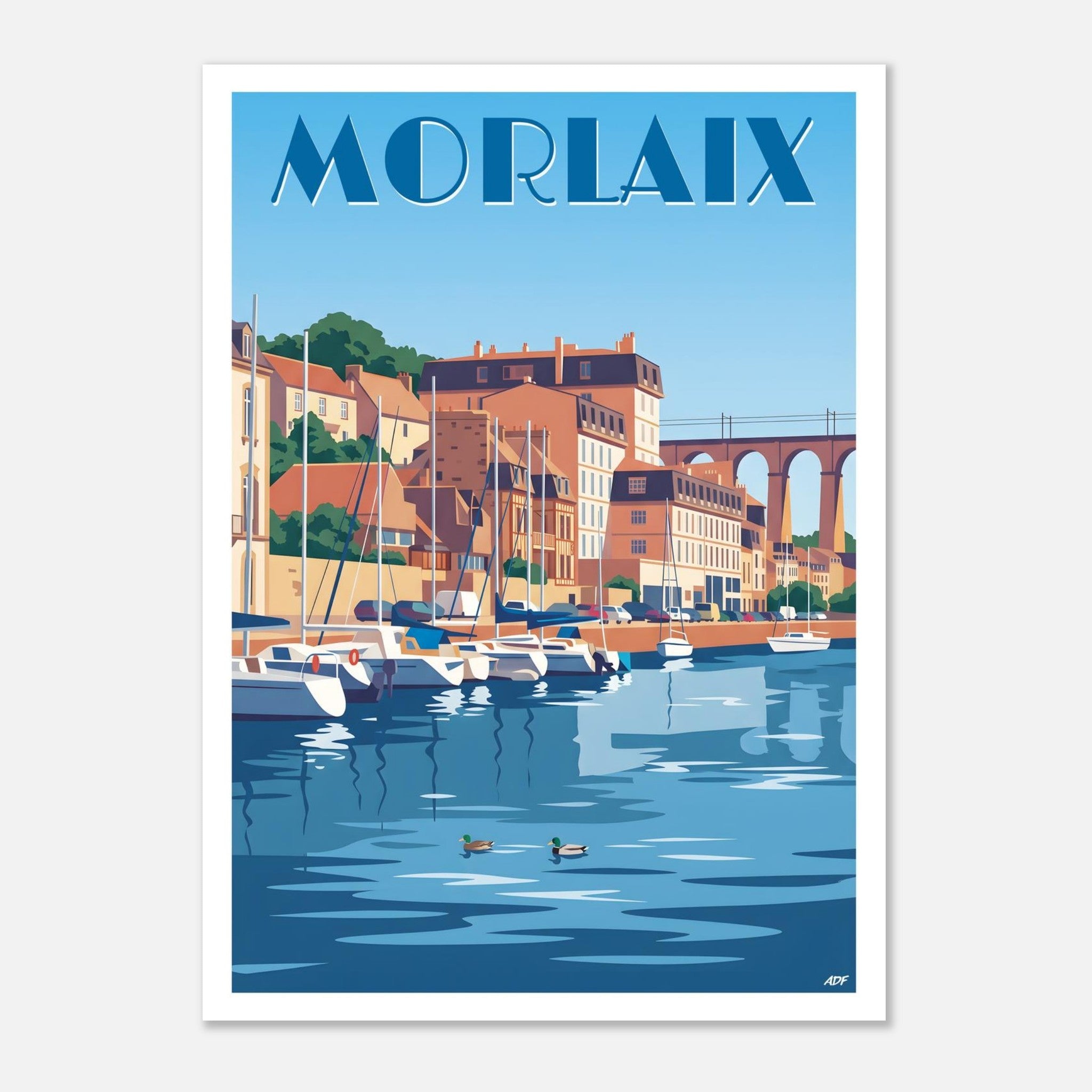Affiche vintage de Morlaix illustrant le port de plaisance, les voiliers amarrés et le viaduc ferroviaire en pierre