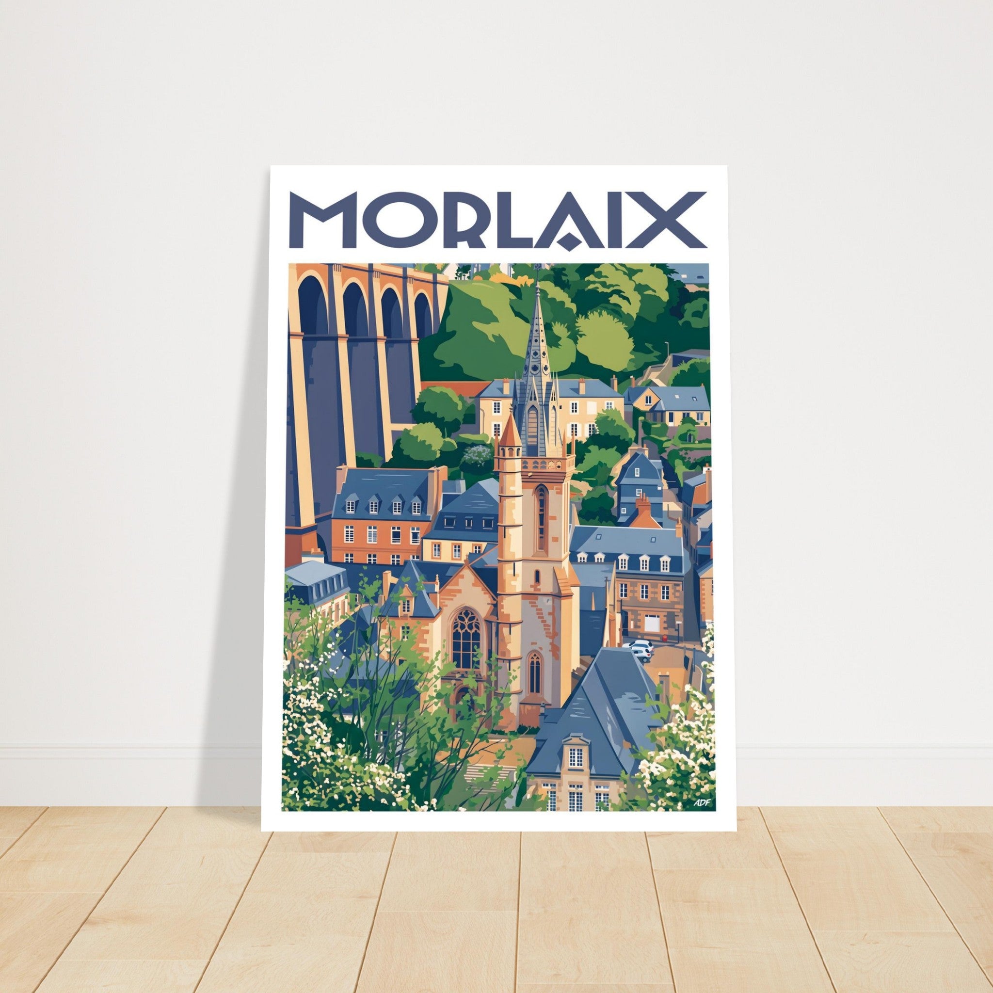 Grand poster encadré de Morlaix et de son viaduc historique posé sur parquet en bois