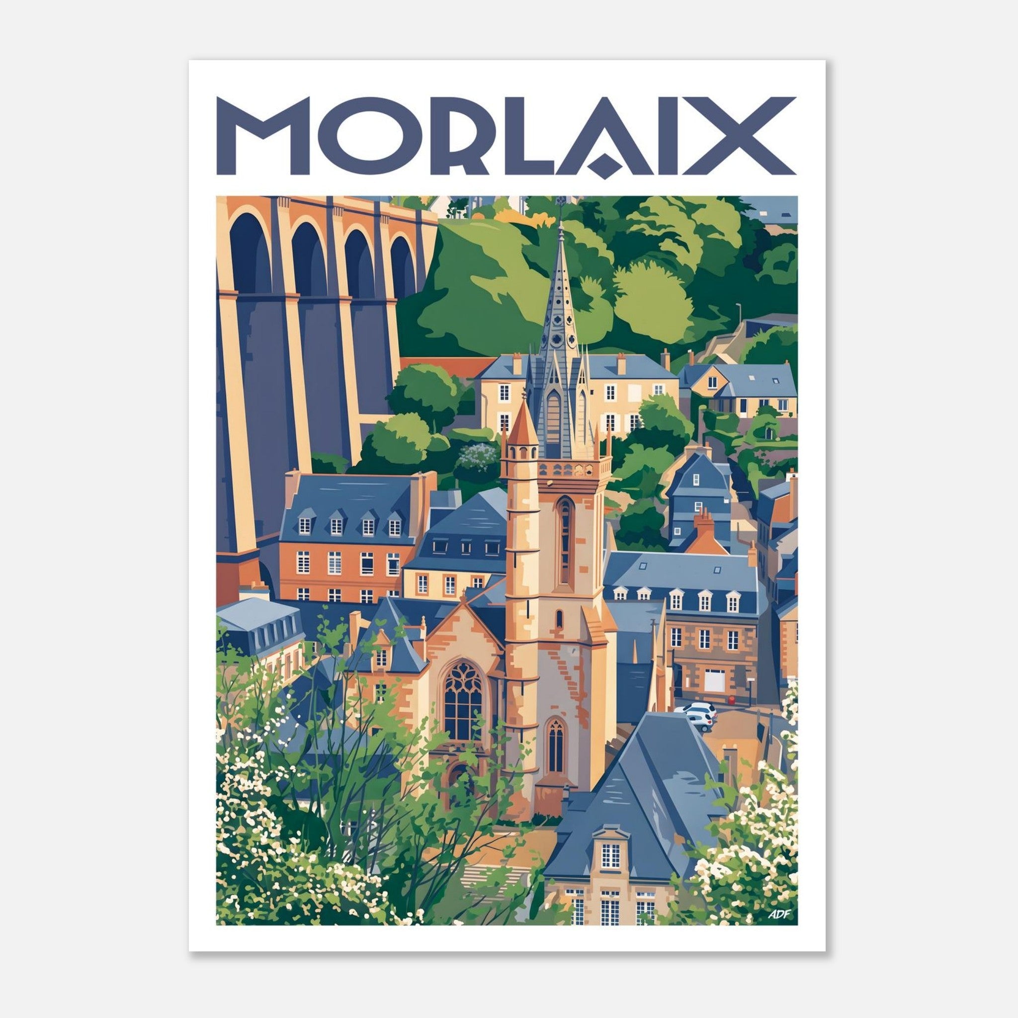 Affiche vintage de Morlaix illustrant l'église Saint-Melaine, les toits d'ardoise et le viaduc en pierre