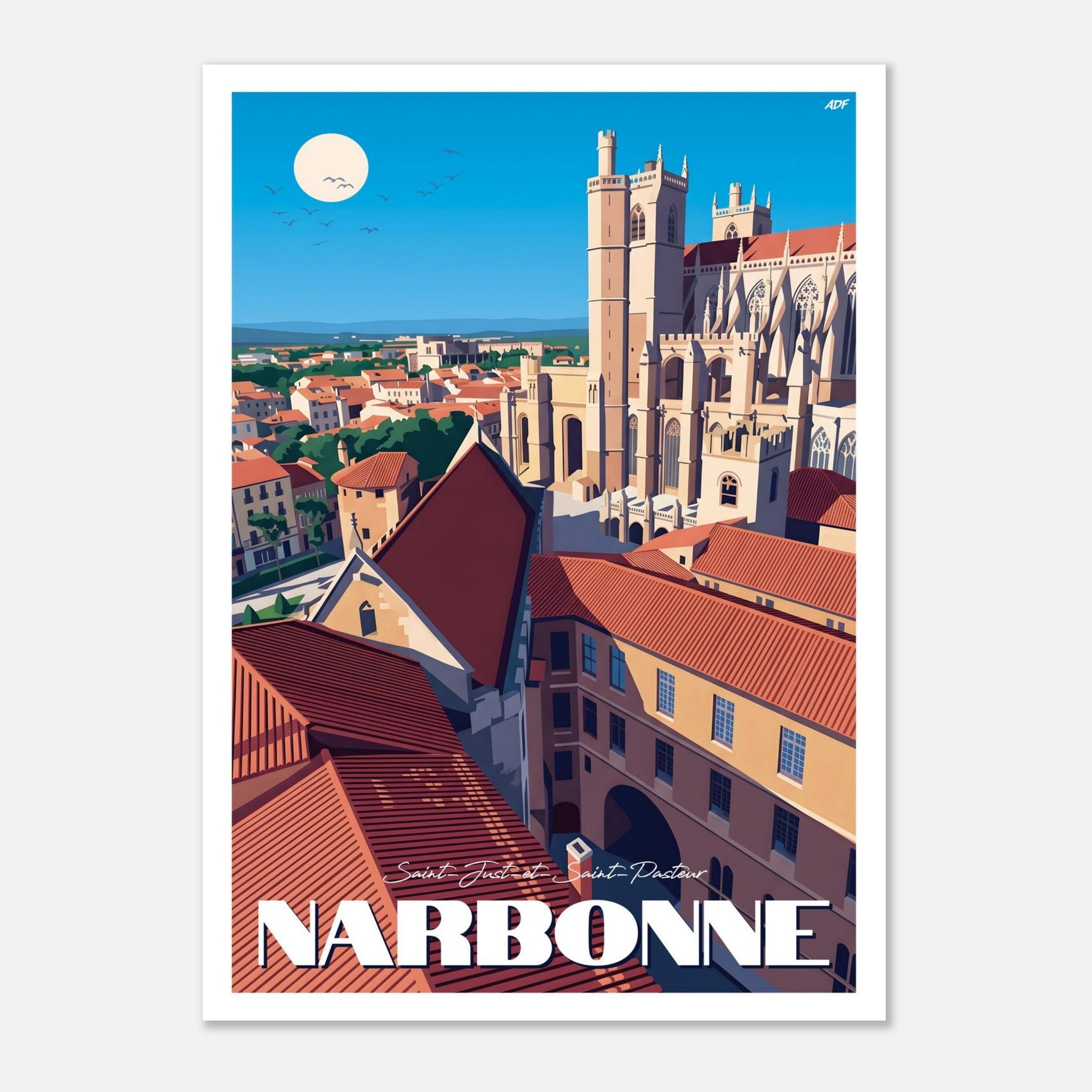 Affiche vintage de Narbonne illustrant la cathédrale Saint-Just-et-Saint-Pasteur dominant les toits du Midi