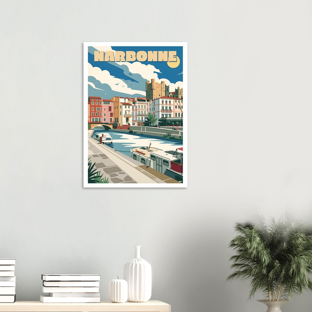 Affiche encadrée de Narbonne fixée au mur dans un intérieur épuré et lumineux