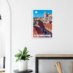 Poster de voyage de Narbonne sous cadre posé sur une console en bois clair