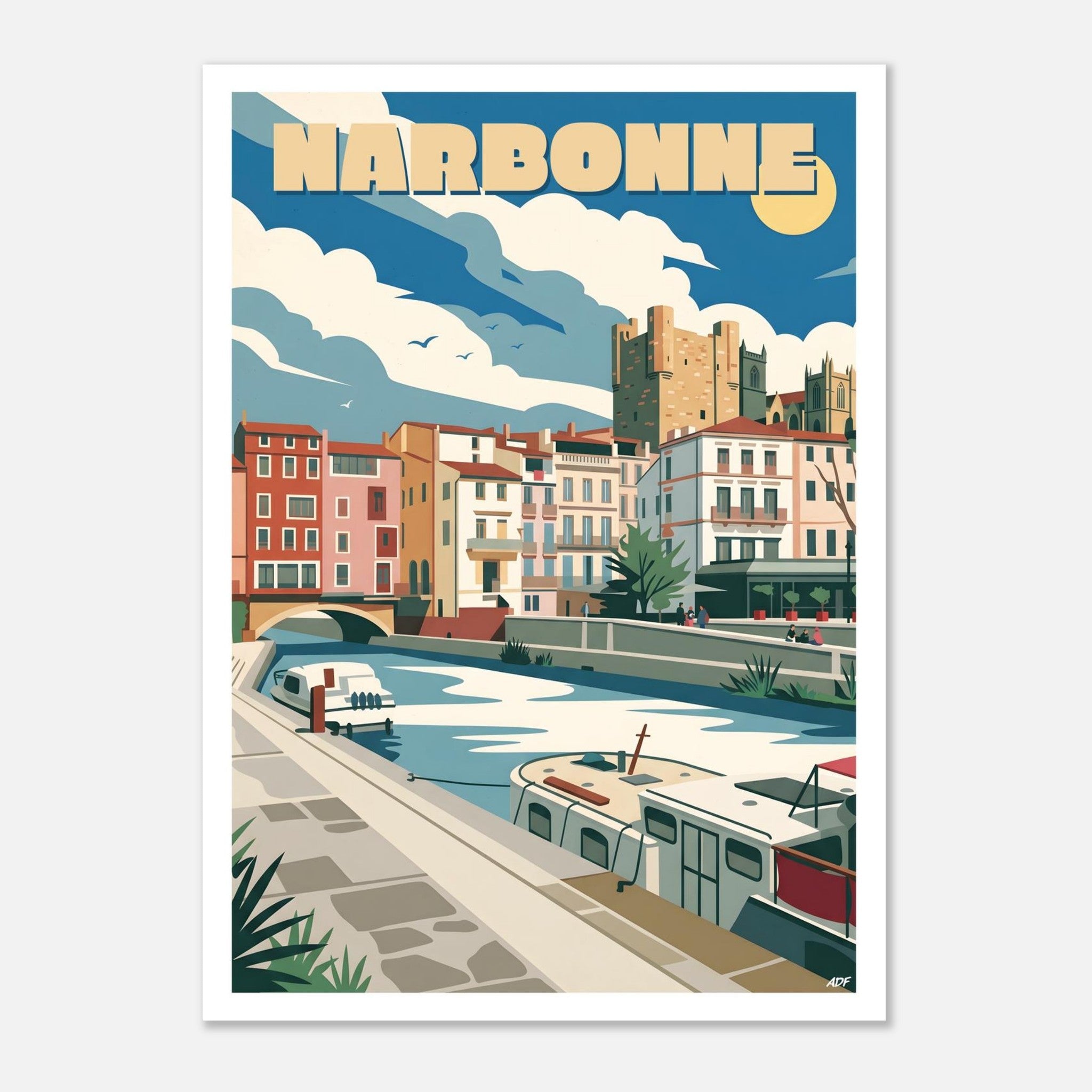 Affiche vintage de Narbonne illustrant le canal de la Robine, le pont des Marchands et le palais des Archevêques