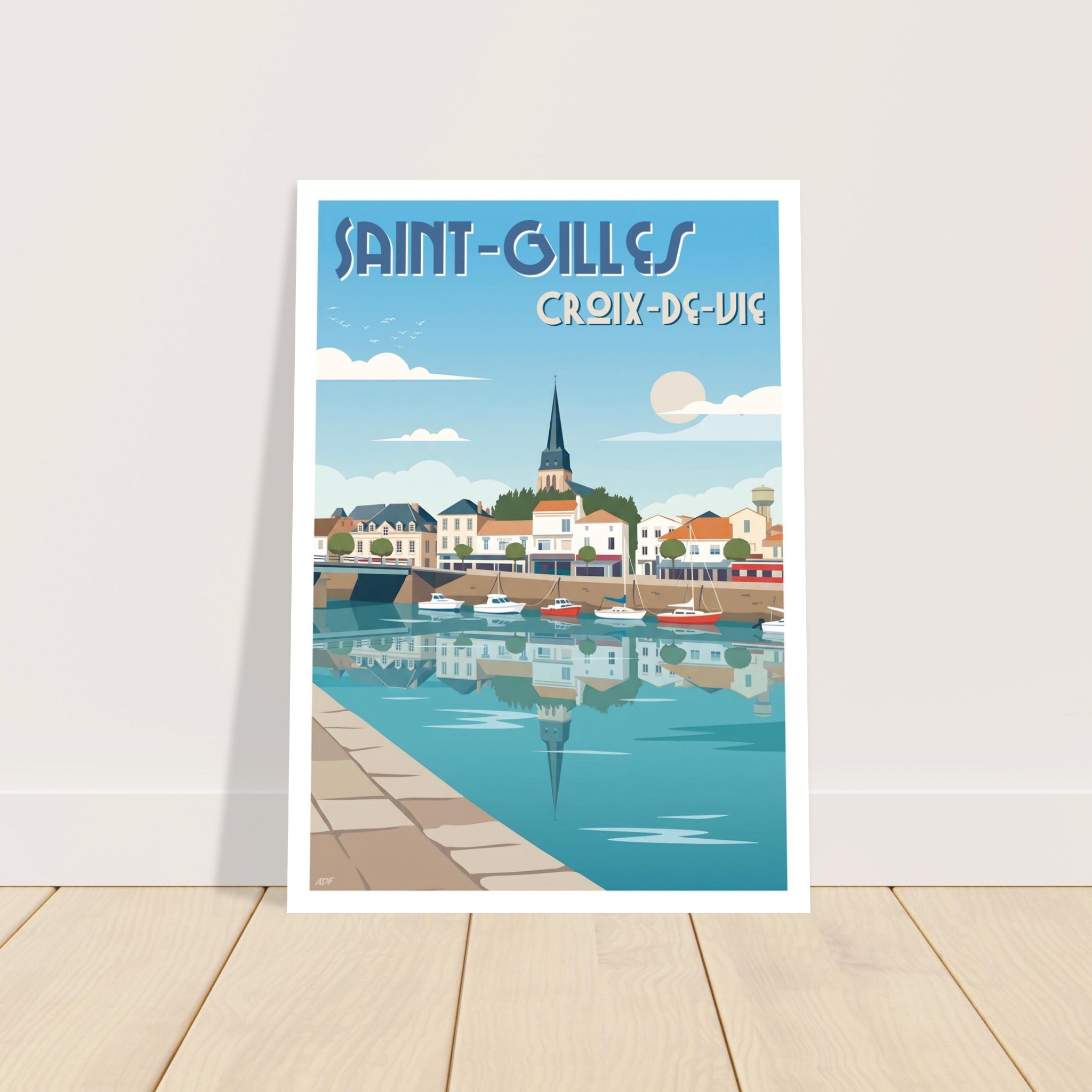 Tirage d'art grand format de Saint-Gilles-Croix-de-Vie posé au sol sur parquet