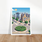 Grand poster encadré de l'hôtel de ville de Saint-Herblain posé sur parquet en bois contre un mur blanc