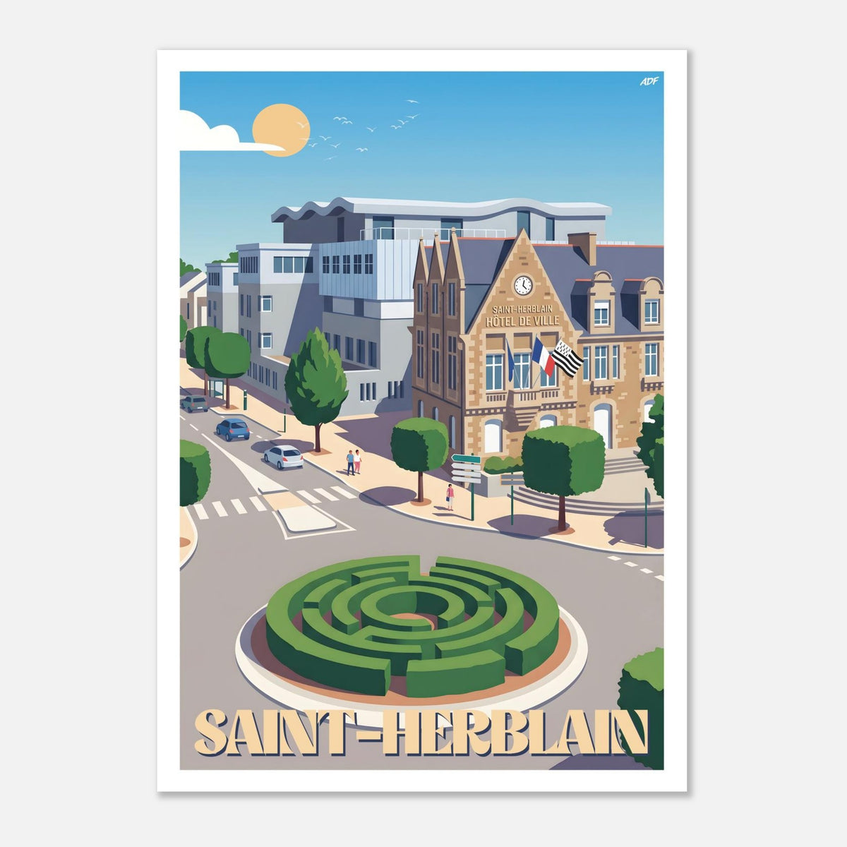 Affiche vintage de Saint-Herblain illustrant l'hôtel de ville, le rond-point végétalisé en labyrinthe et les drapeaux flottant au vent
