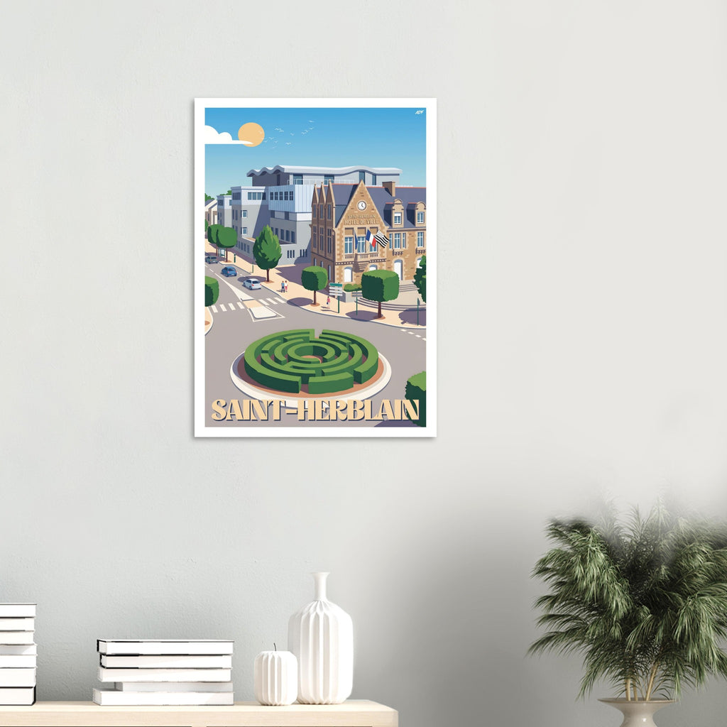 Poster d'art de Saint-Herblain sous cadre posé sur une console moderne en bois clair dans une entrée