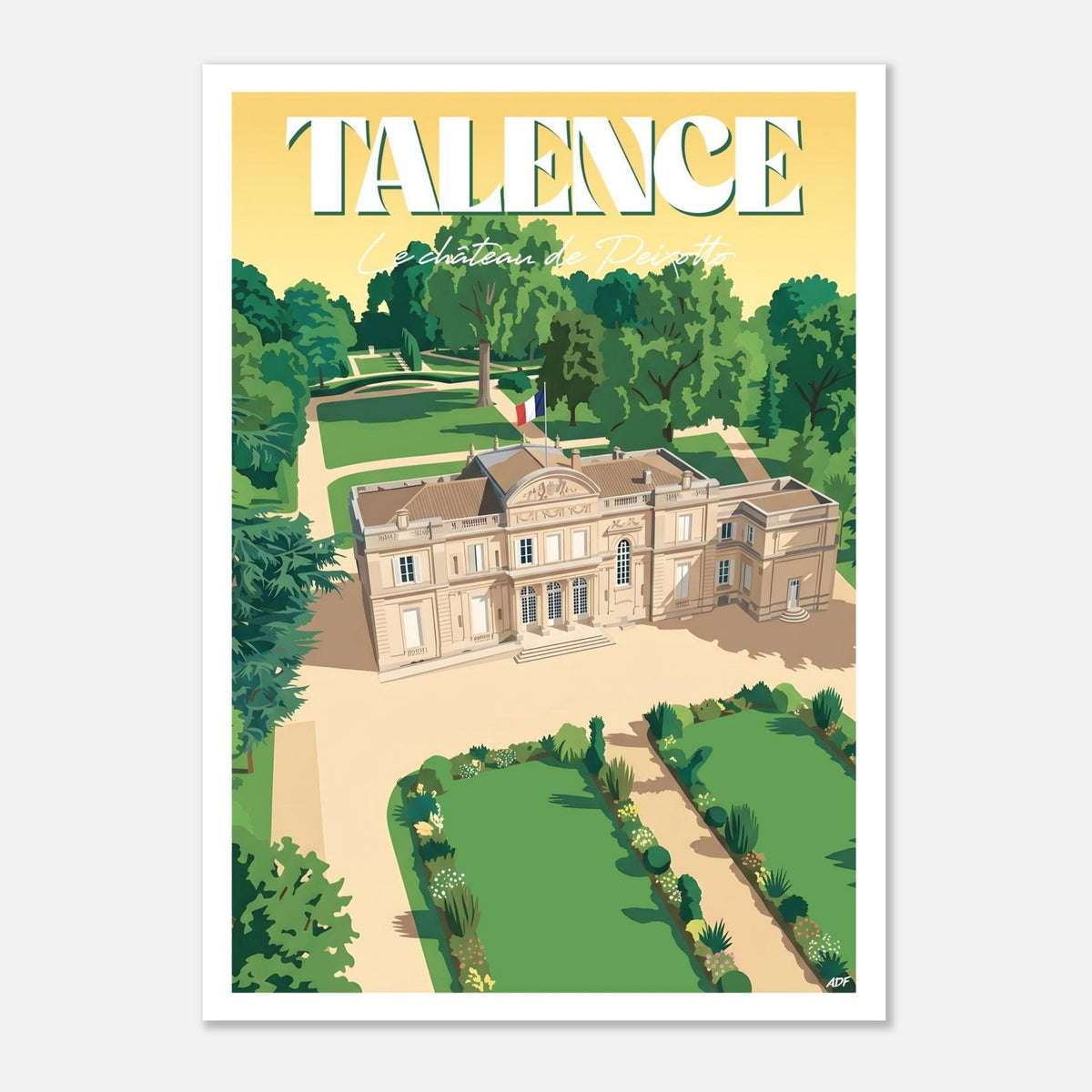 Affiche vintage de Talence illustrant le Château de Peixotto du XVIIIe siècle, ses jardins à la française et son parc arboré