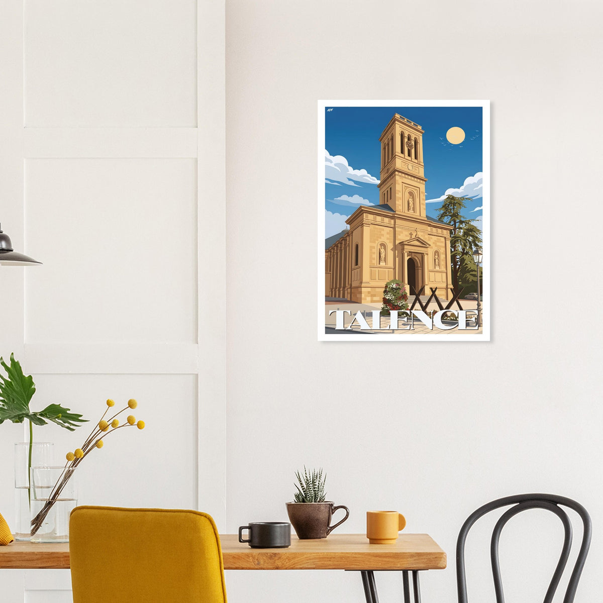 Grand tirage d'art sous cadre de l'affiche de Talence posé au sol sur du parquet en bois