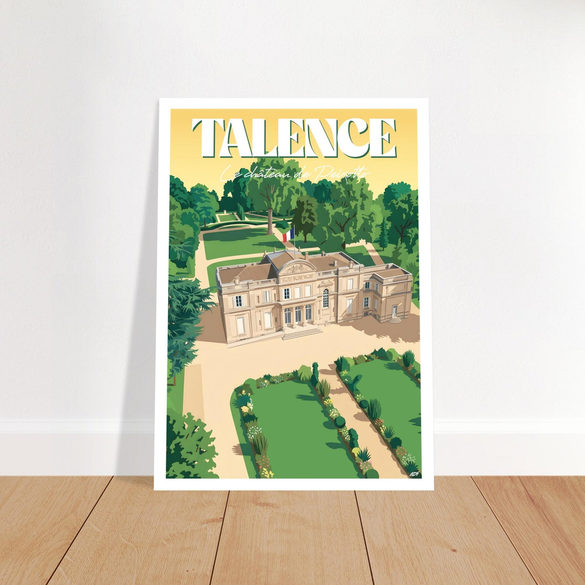Affiche encadrée du Château de Peixotto fixée au mur dans un intérieur épuré et lumineux