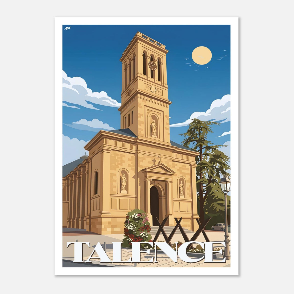 Affiche vintage de Talence illustrant l'église néoclassique Notre-Dame, son clocher carré et son parvis arboré