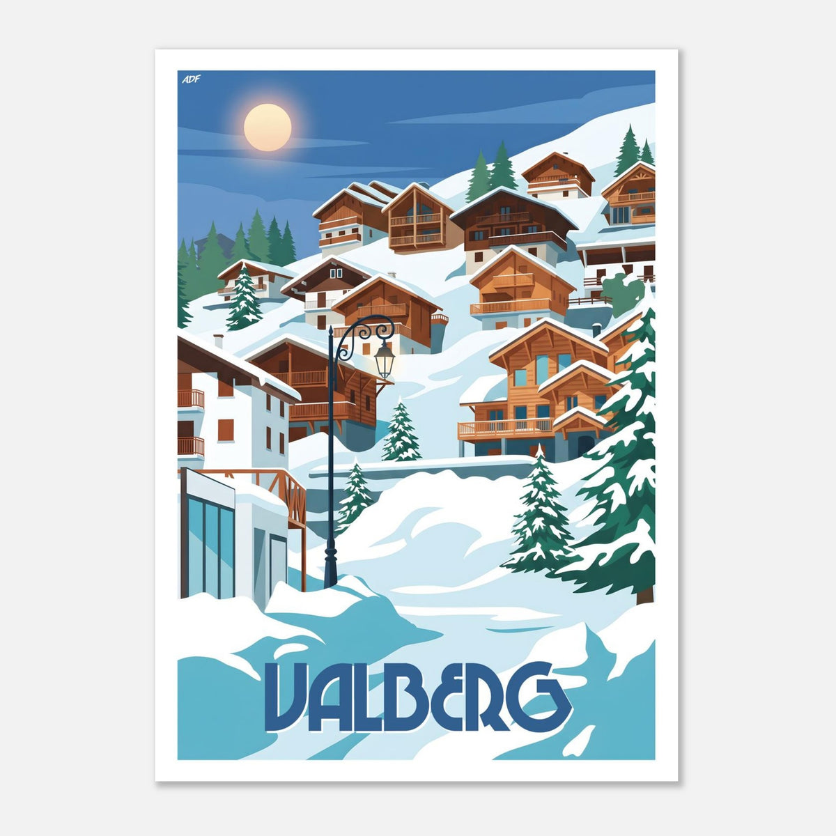 Affiche vintage de Valberg illustrant les chalets traditionnels en bois sous la neige, les sapins enneigés et les sommets du Mercantour