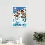Grand tirage d'art de l'affiche de Valberg posé au sol sur un parquet en bois contre un mur blanc