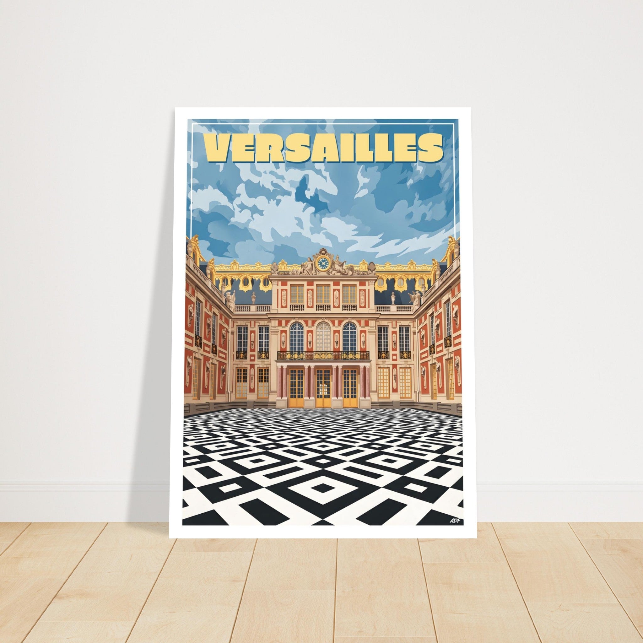 Grand tirage d'art sous cadre du poster de la Cour de Marbre de Versailles posé au sol sur parquet