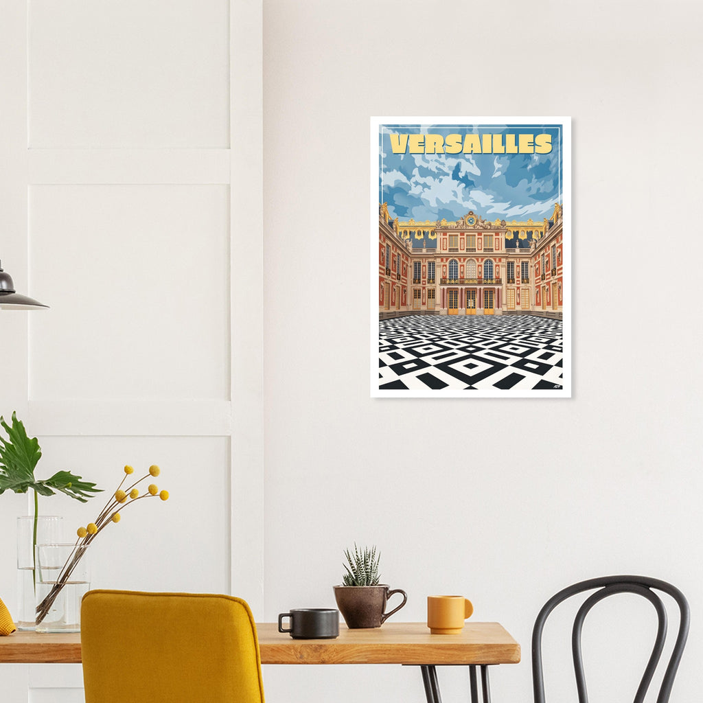 Affiche encadrée du château de Versailles fixée au mur d'une salle à manger contemporaine