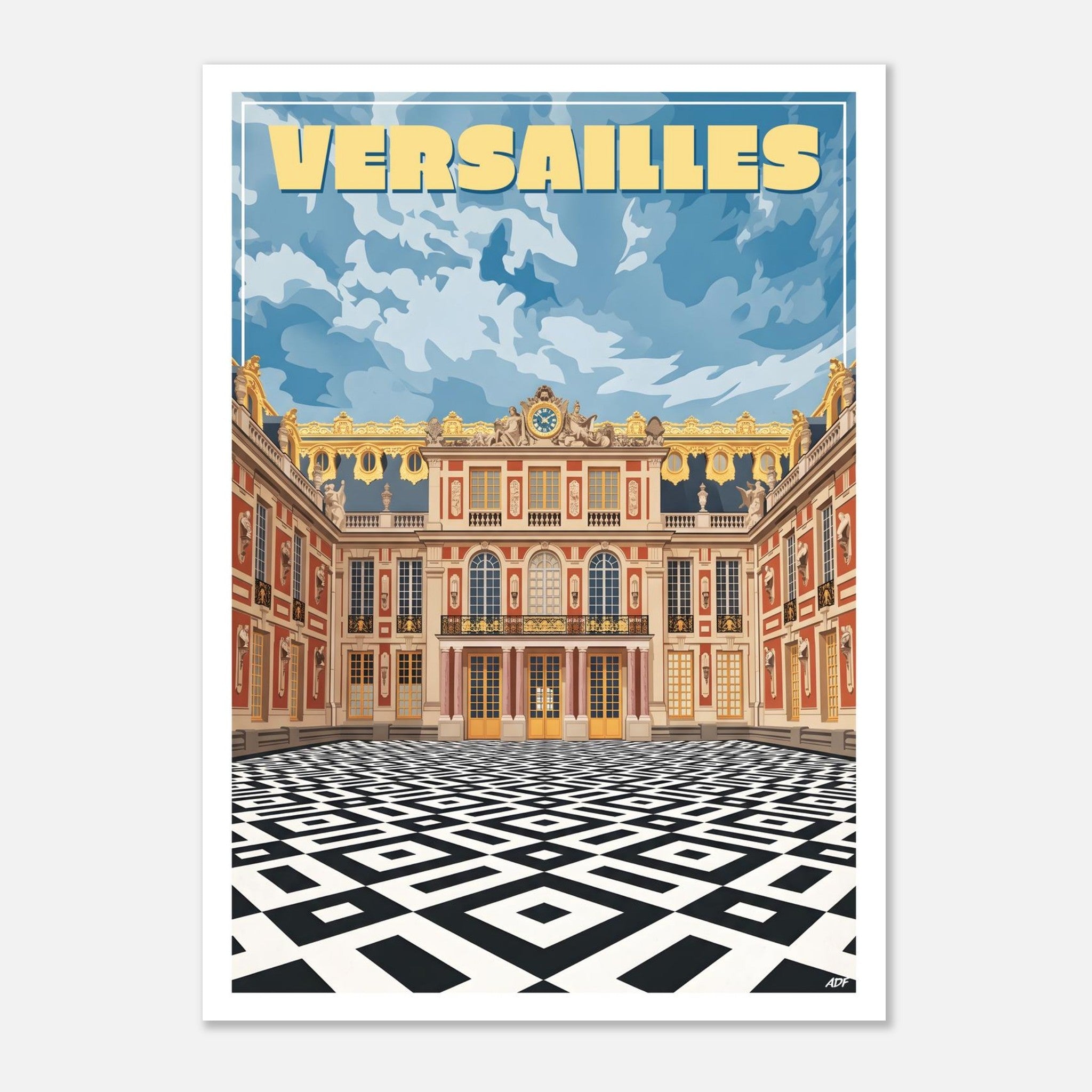 Affiche vintage de Versailles illustrant la Cour de Marbre, le dallage géométrique noir et blanc et les dorures du château