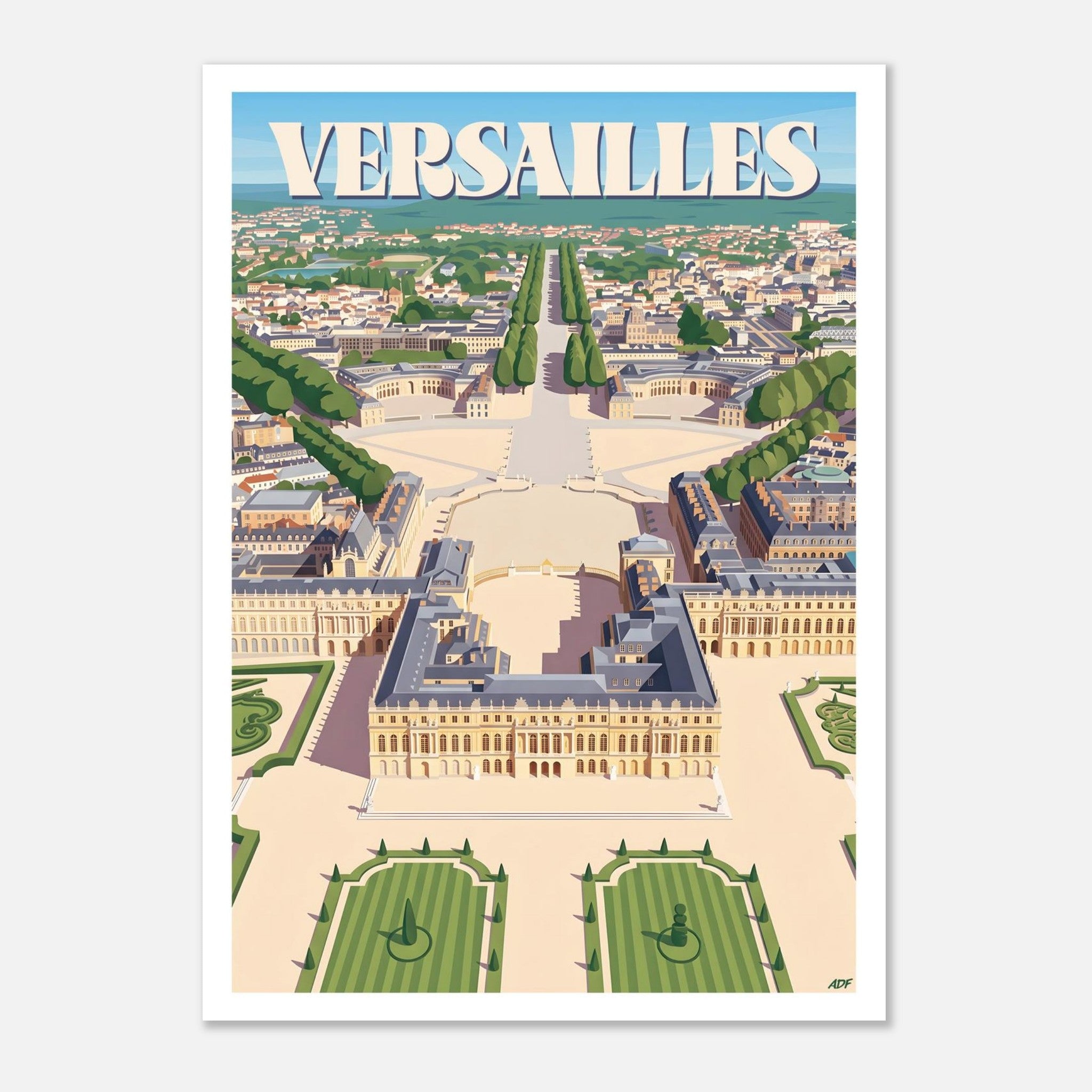 Affiche vintage de Versailles illustrant une vue plongeante sur le château, les cours d'honneur et la ville