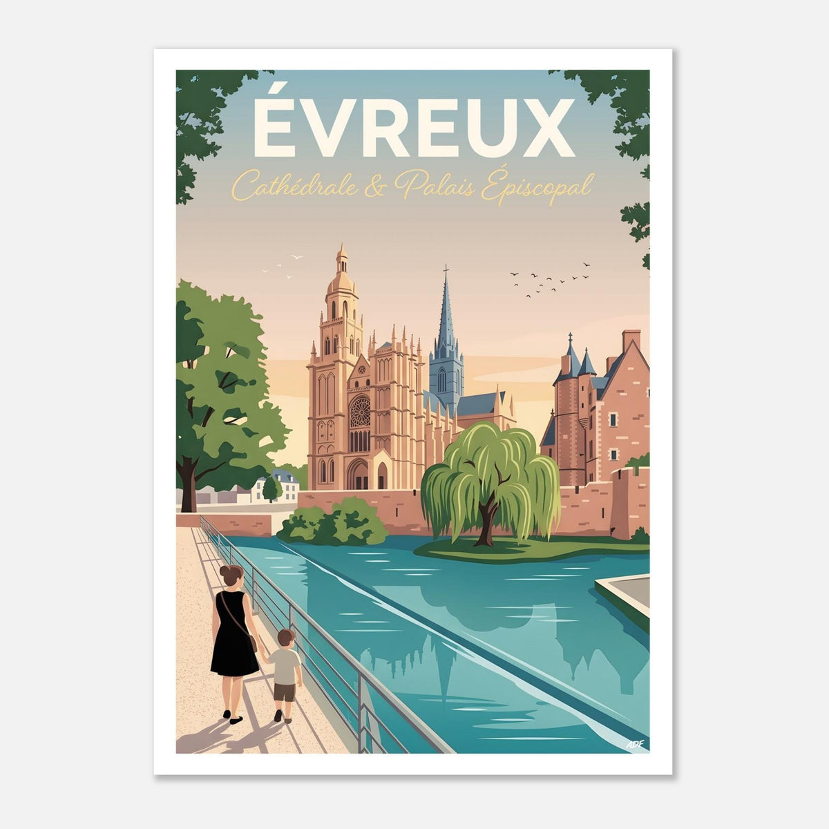 Affiche illustrée d'Évreux représentant la cathédrale gothique, le palais épiscopal et les berges de l'Iton