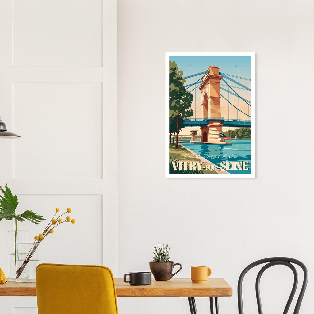 Affiche encadrée du pont de Vitry-sur-Seine fixée au mur d'une salle à manger contemporaine