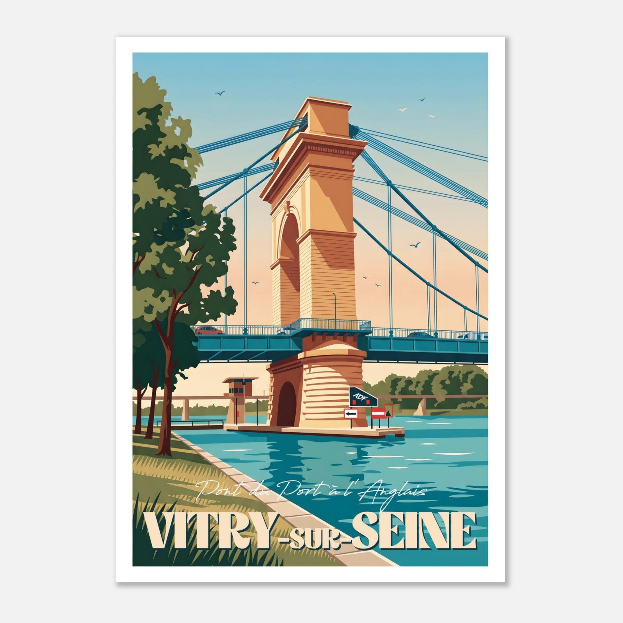 Affiche vintage de Vitry-sur-Seine illustrant le pont suspendu du Port à l'Anglais enjambant la Seine