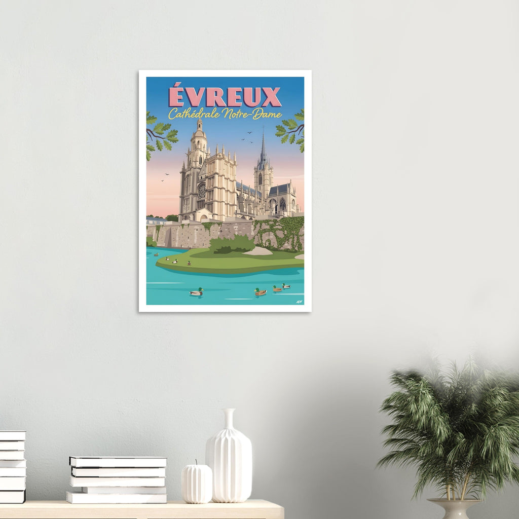 Poster décoratif d'Évreux en Normandie accroché au mur au-dessus d'une étagère contemporaine