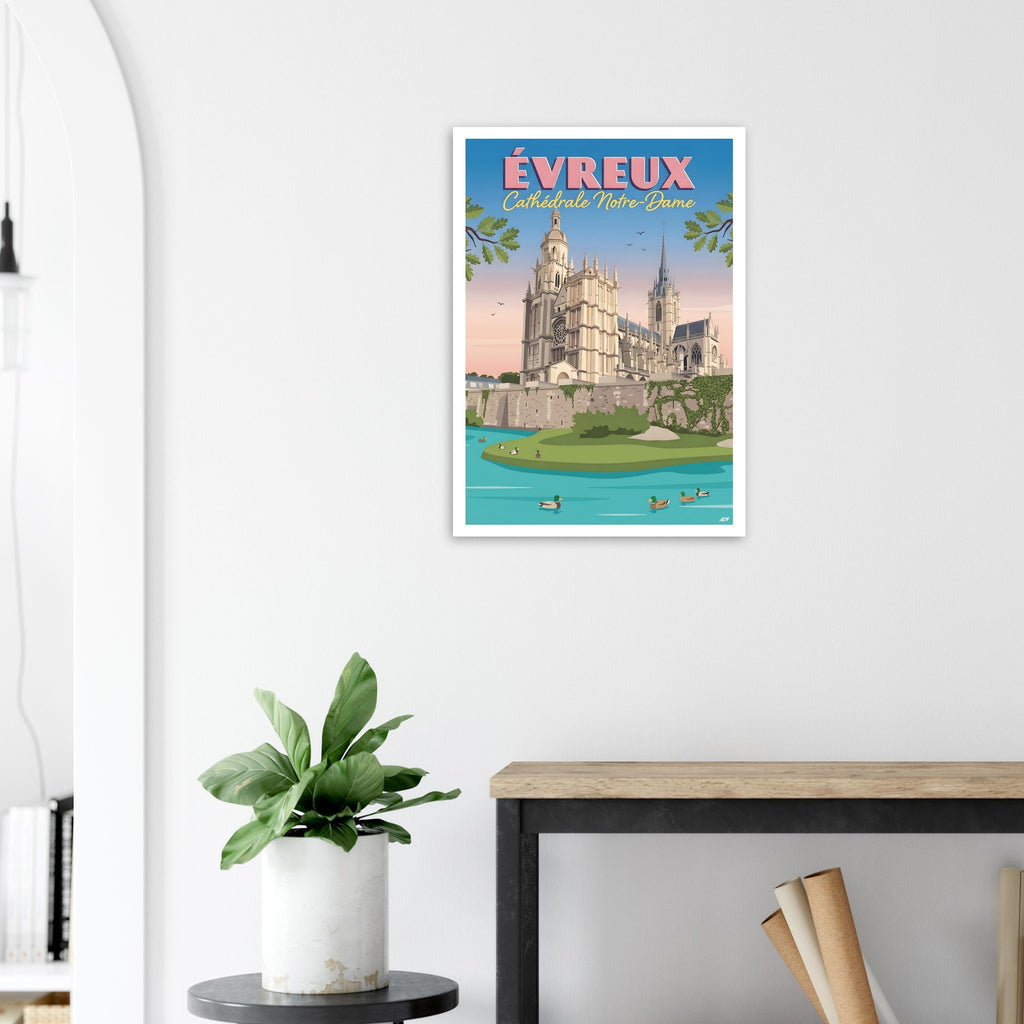 Affiche de voyage d'Évreux habillant le mur d'un hall d'entrée lumineux au style épuré