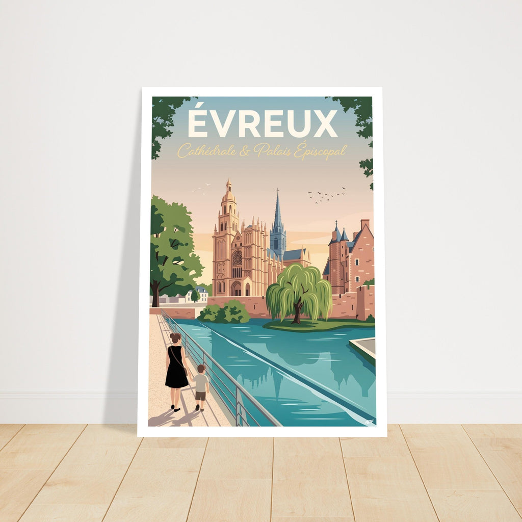 Affiche de voyage d'Évreux intégrée dans un décor de salon moderne aux tons clairs et épurés