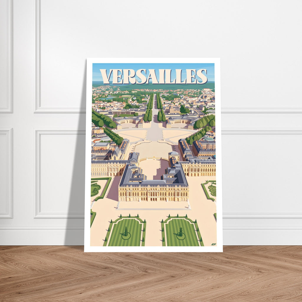 Grand poster encadré de Versailles posé au sol sur un sol en parquet