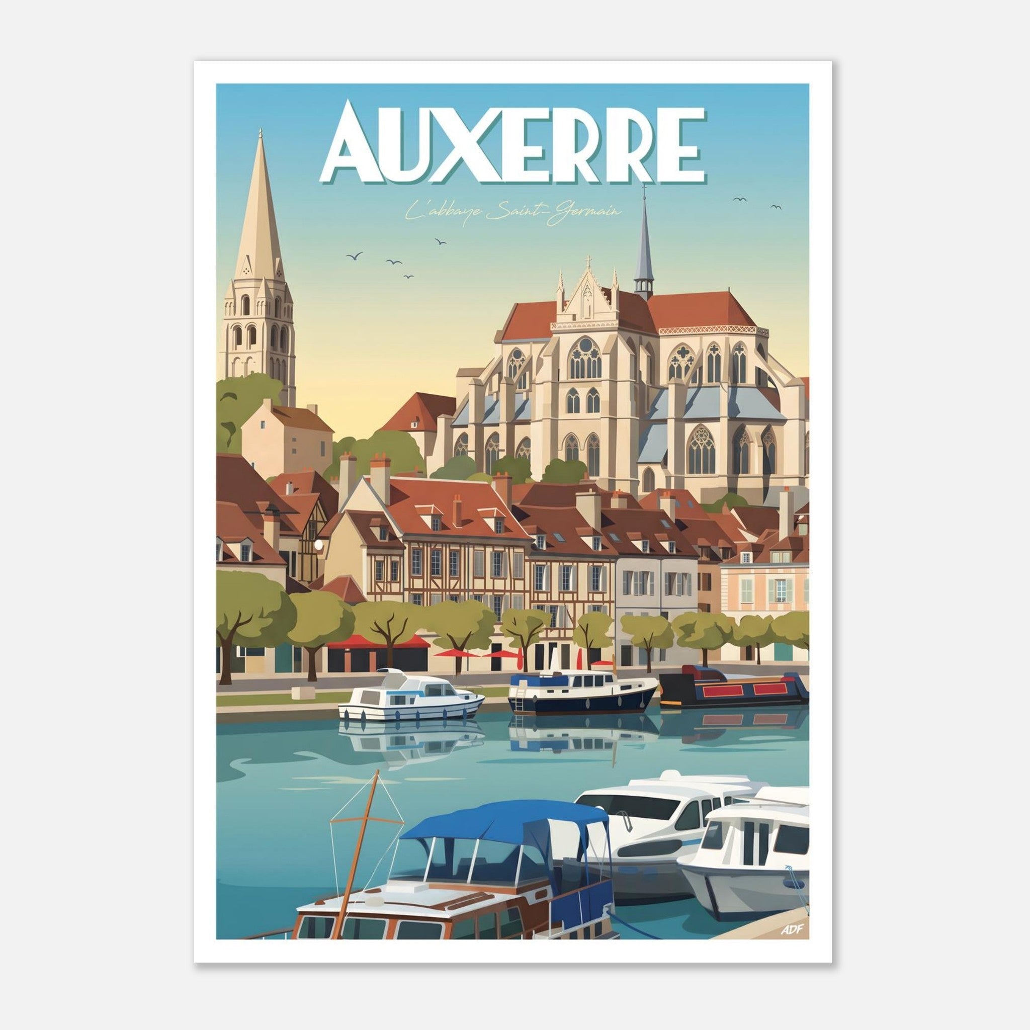 Illustration graphique des quais de l'Yonne et du patrimoine historique d'Auxerre