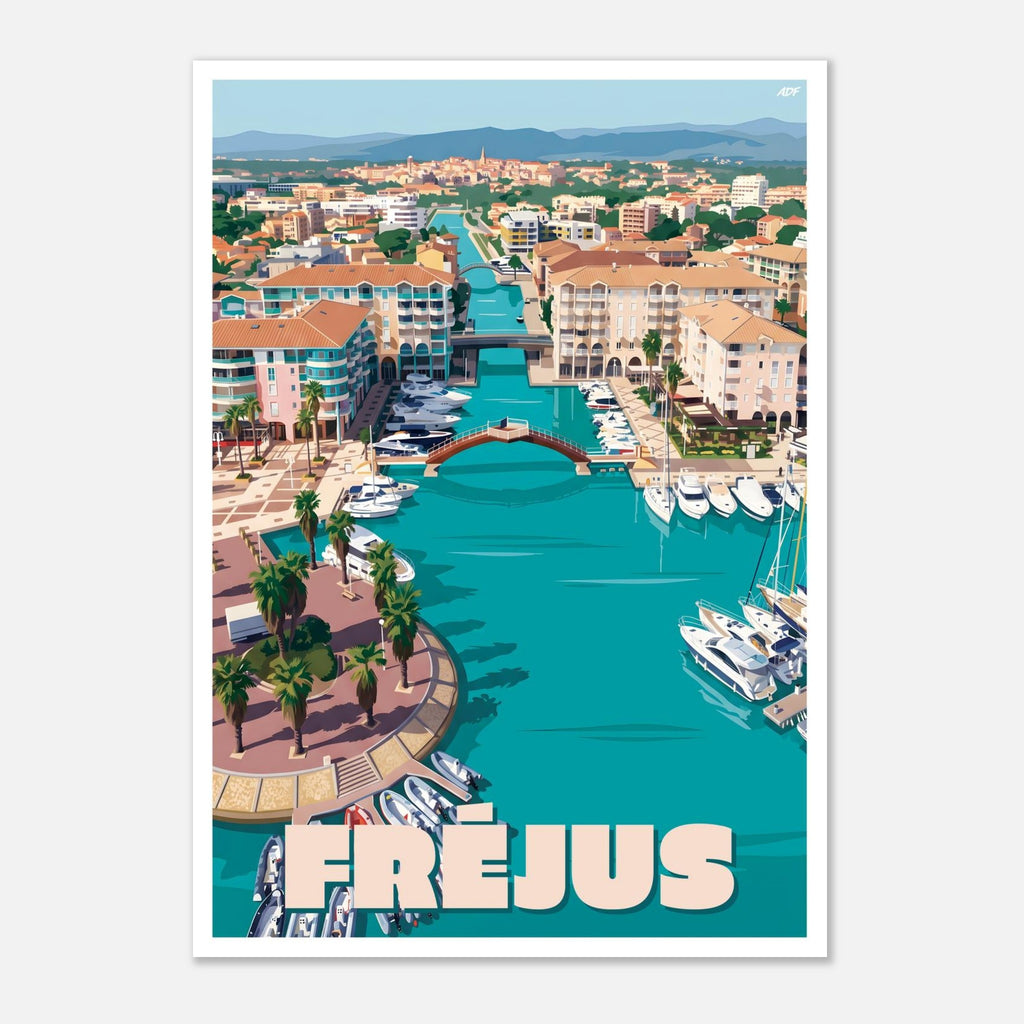 Illustration graphique des façades pastel, des palmiers et des bassins méditerranéens de Fréjus