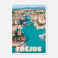 Illustration graphique des façades pastel, des palmiers et des bassins méditerranéens de Fréjus