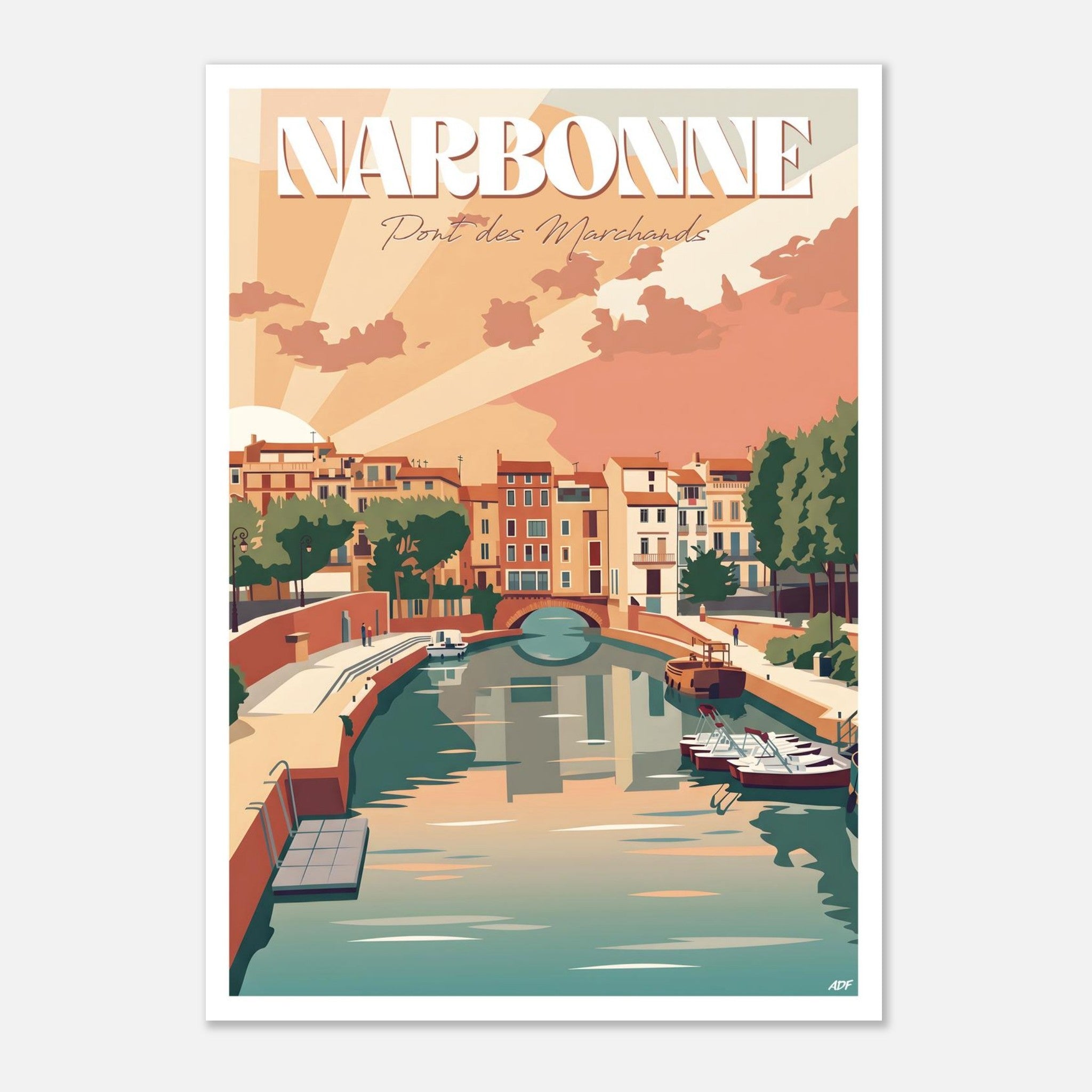 Illustration graphique des quais en pierre et des façades méridionales de Narbonne