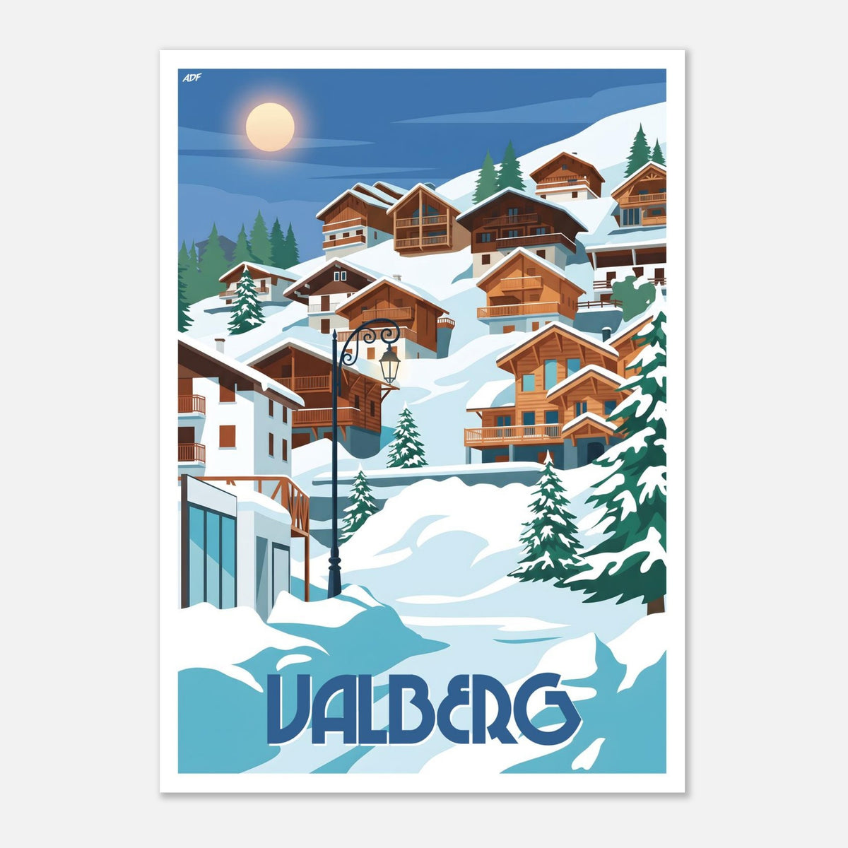 Illustration graphique des chalets de montagne sous le soleil d'hiver et des reliefs alpins de Valberg