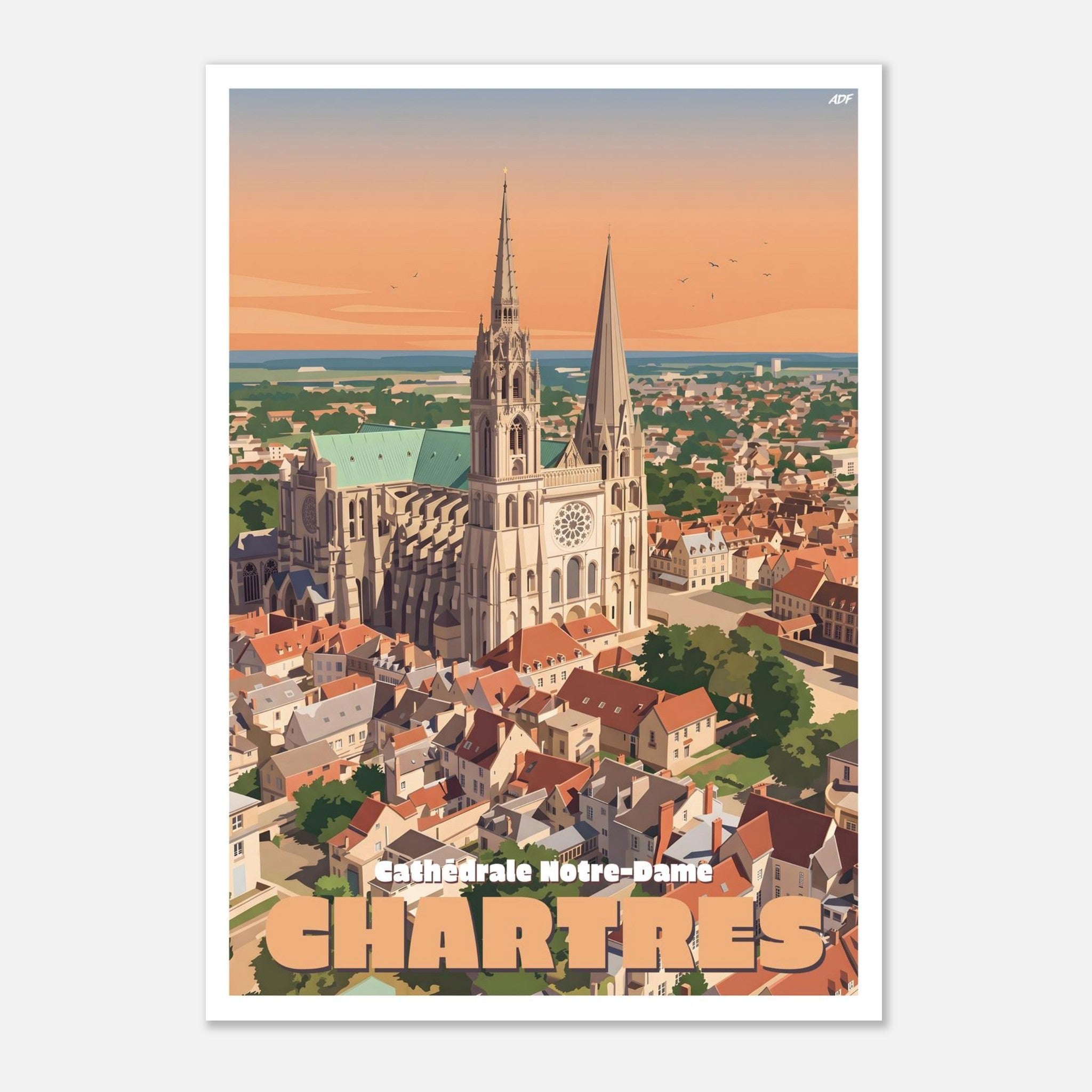 Illustration graphique des toits de Chartres et des flèches gothiques de la cathédrale