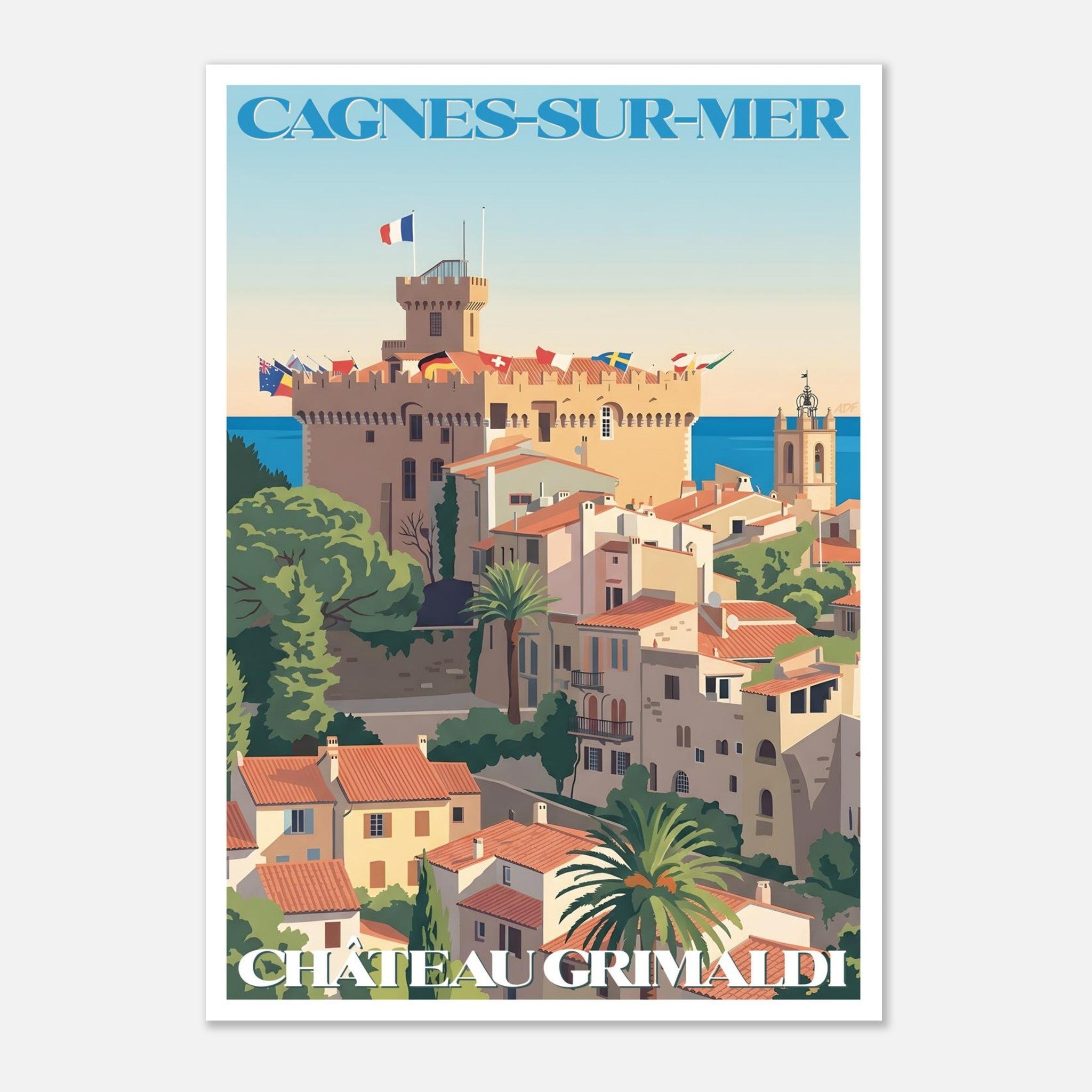 Illustration graphique des drapeaux sur la tour du Château Grimaldi et de la végétation méditerranéenne à Cagnes-sur-Mer