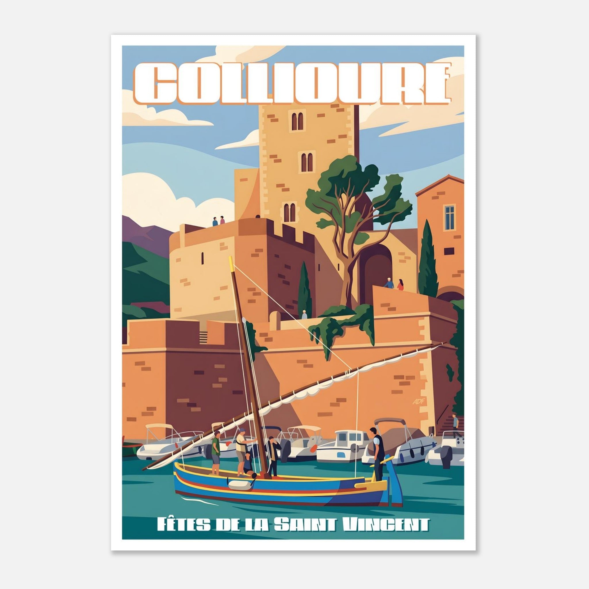 Illustration graphique des remparts ensoleillés et des eaux turquoise de Collioure en Occitanie