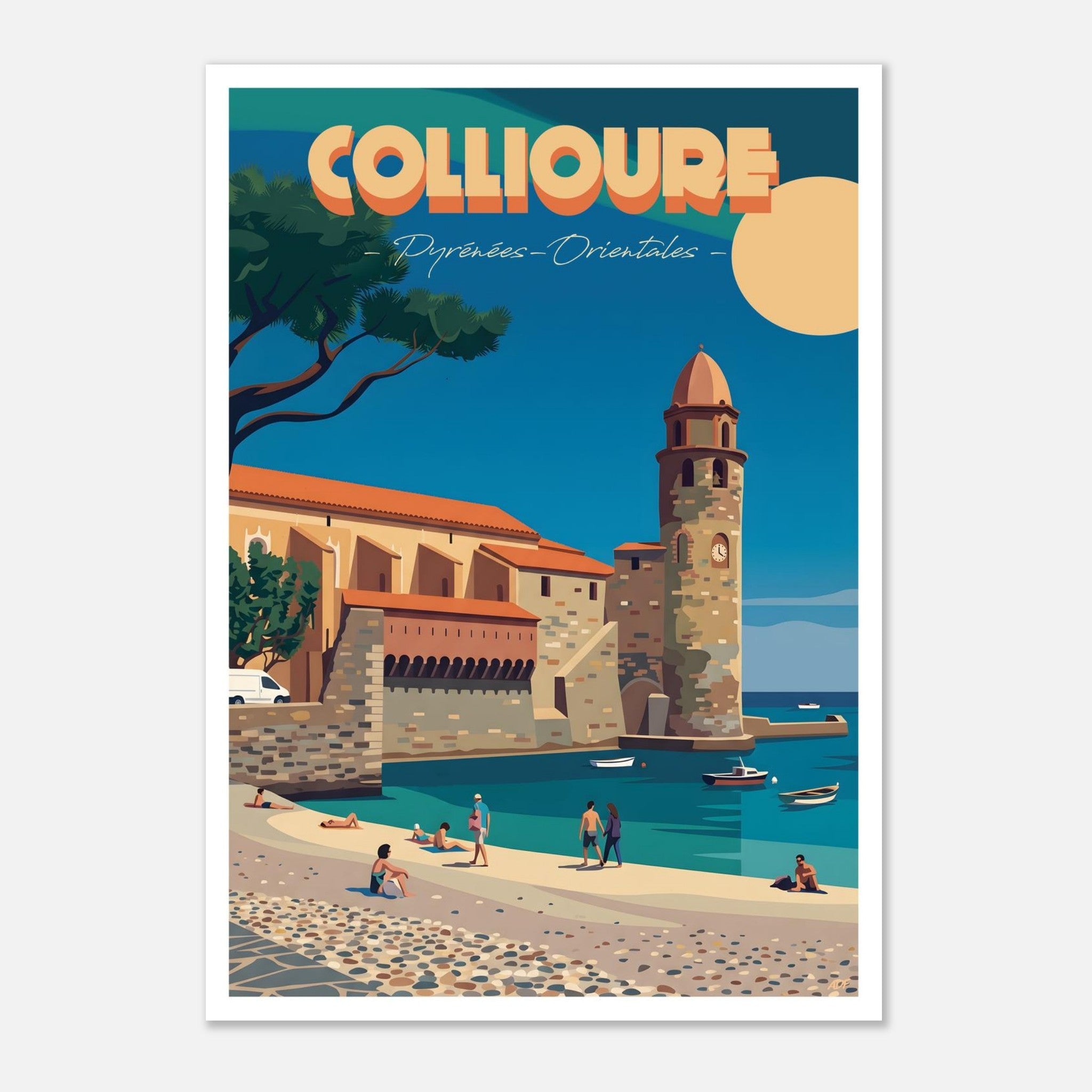 Illustration graphique des baigneurs sur la plage, des barques catalanes et des toits de Collioure
