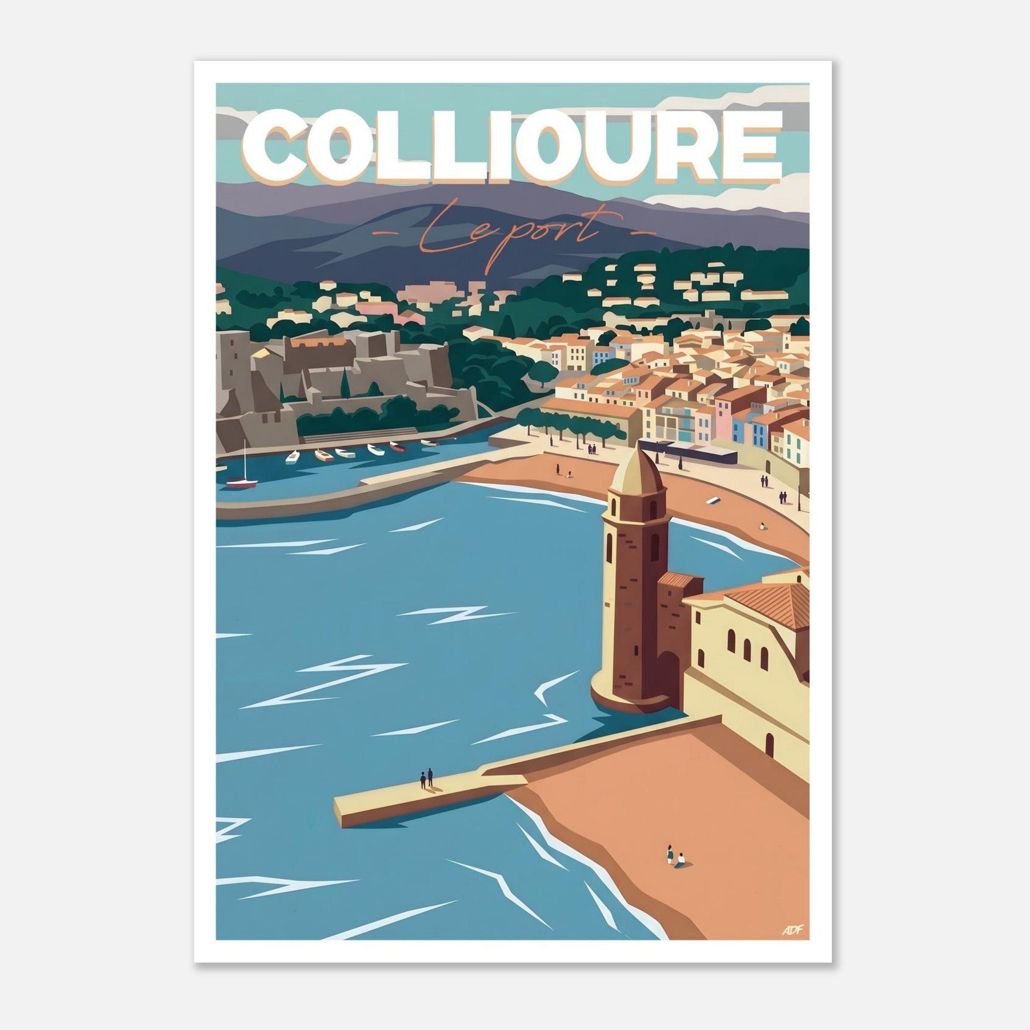 Illustration graphique des collines escarpées, des façades colorées et du clocher de Collioure