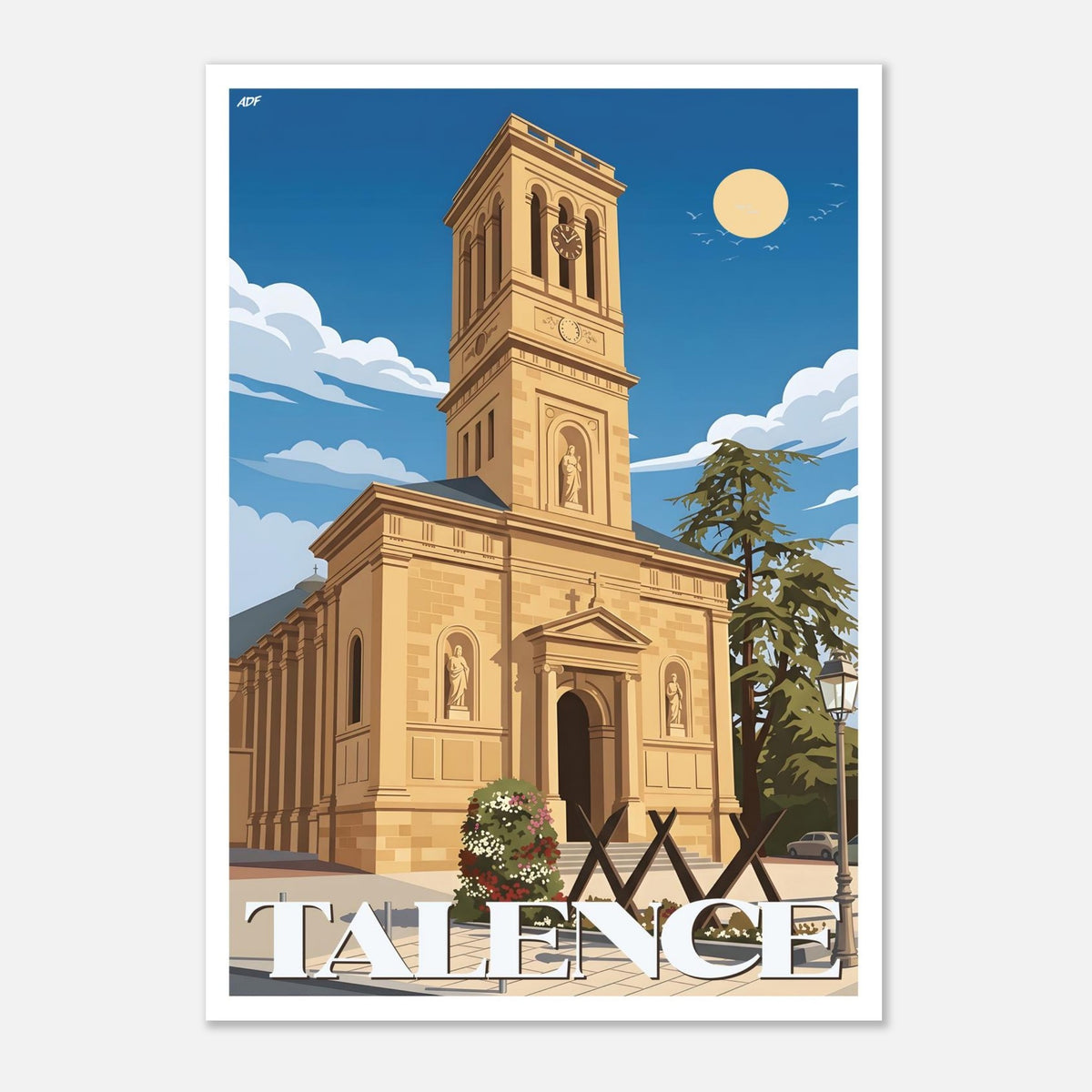 Illustration graphique de l'architecture néoclassique et du clocher de l'église Notre-Dame à Talence