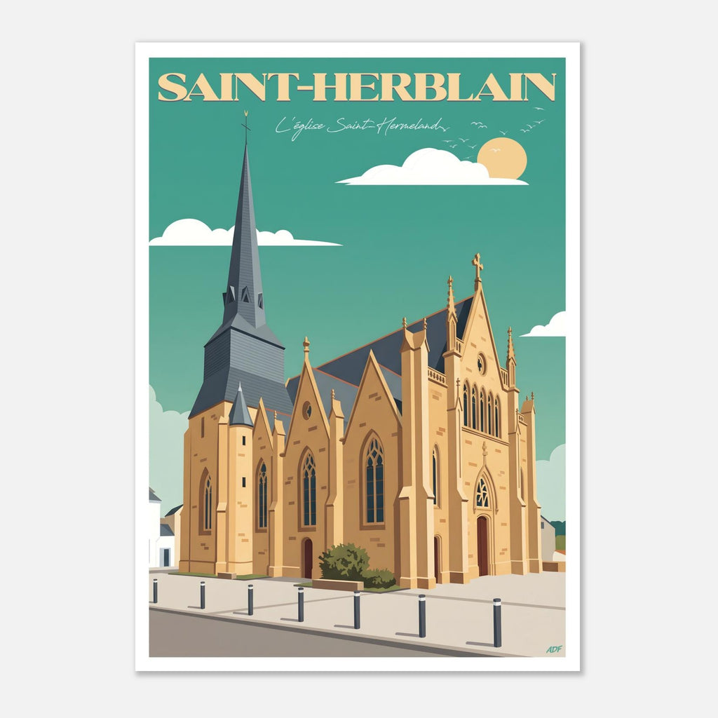 Illustration graphique des détails architecturaux néo-gothiques et du clocher de l'église de Saint-Herblain