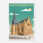 Illustration graphique des détails architecturaux néo-gothiques et du clocher de l'église de Saint-Herblain