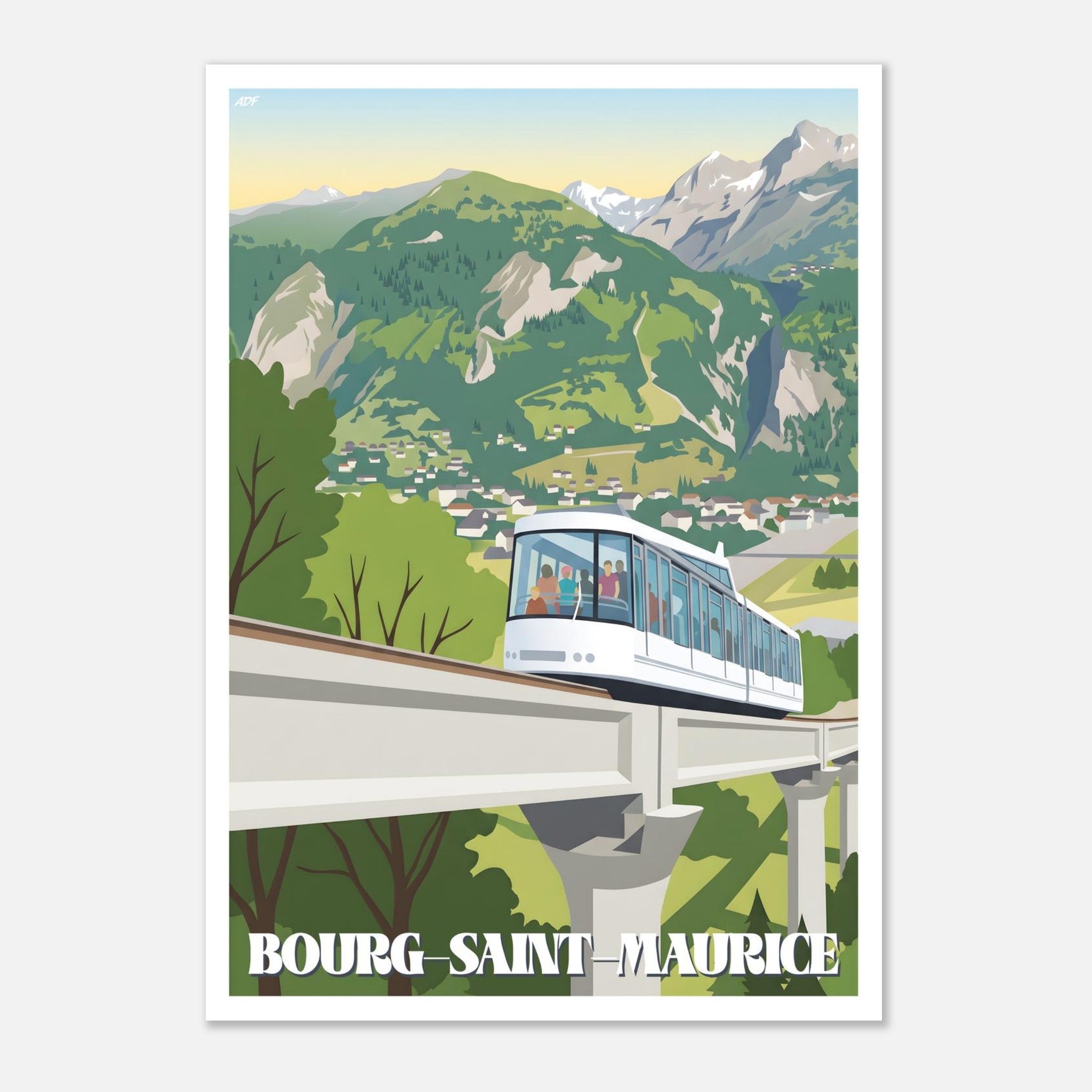 Illustration graphique du viaduc suspendu du funiculaire au-dessus de la vallée de la Tarentaise