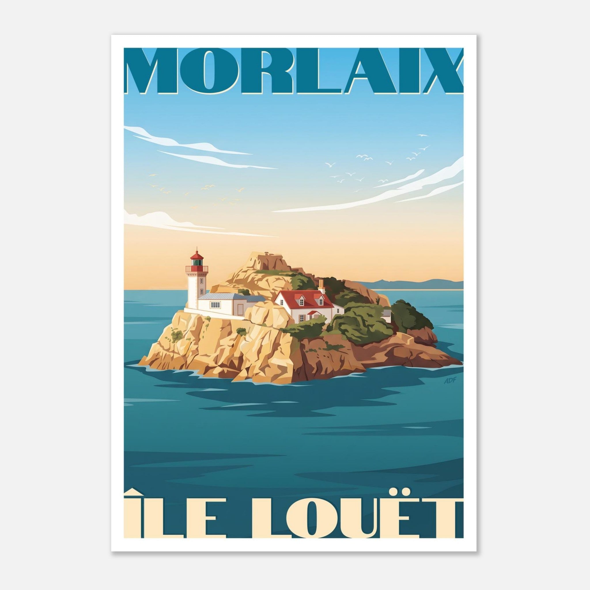 Illustration graphique marine de l'îlot rocheux et des eaux calmes de Morlaix