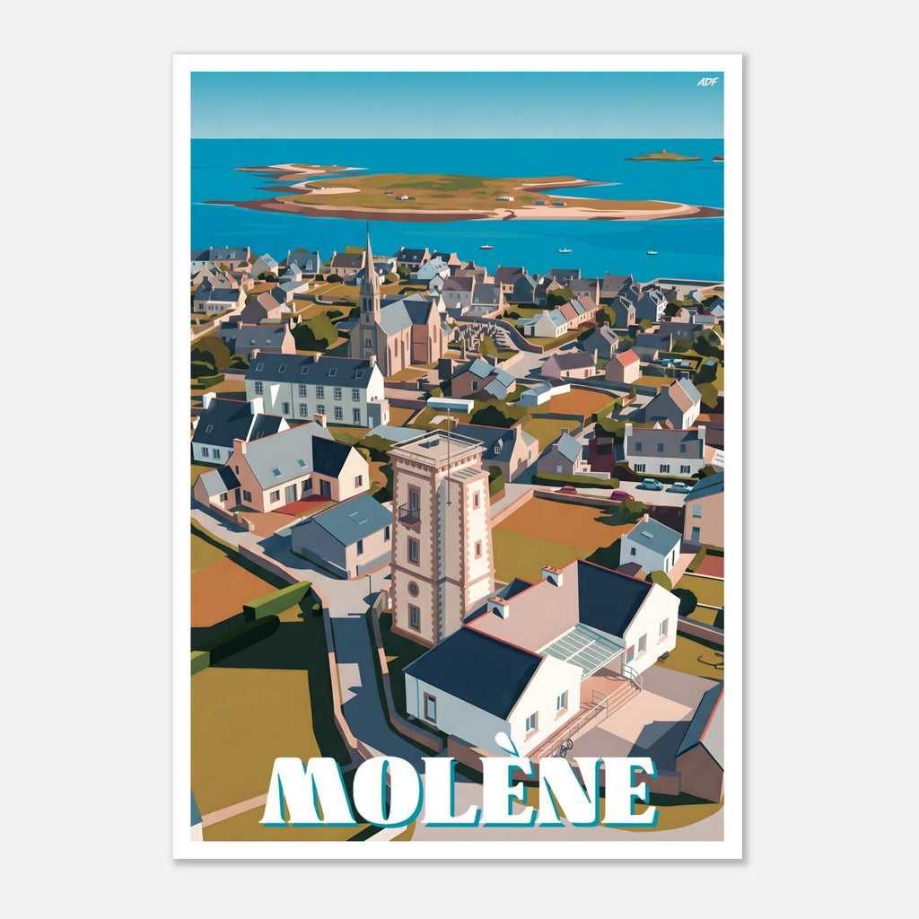 Illustration graphique des ruelles de Molène, de l'ancien sémaphore et des eaux turquoise de l'Atlantique